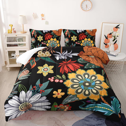 3 Pieces Colorful Floral Comforter Set,Bohemian Botanical Bedding Set Full Size,Boho Farmhouse Flower Leaves Printed on Black Design,All Season Lightweight Soft Microfiber Bedding with 2 Pillow Shams