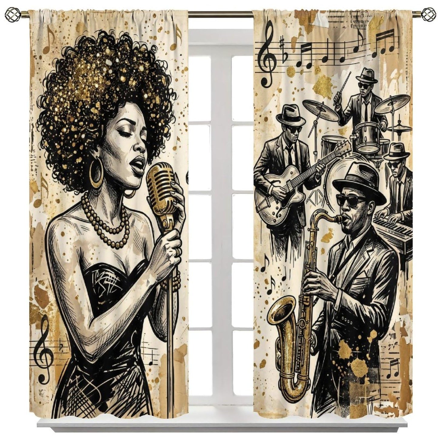 PHTAYOT American Woman Jazz Music Curtains African Black Girl Singing Jazzist Band Black Gold Modern Art Pattern Decor Window Drapes for Bedroom Living Room,2 Panels Set,42x45Inch