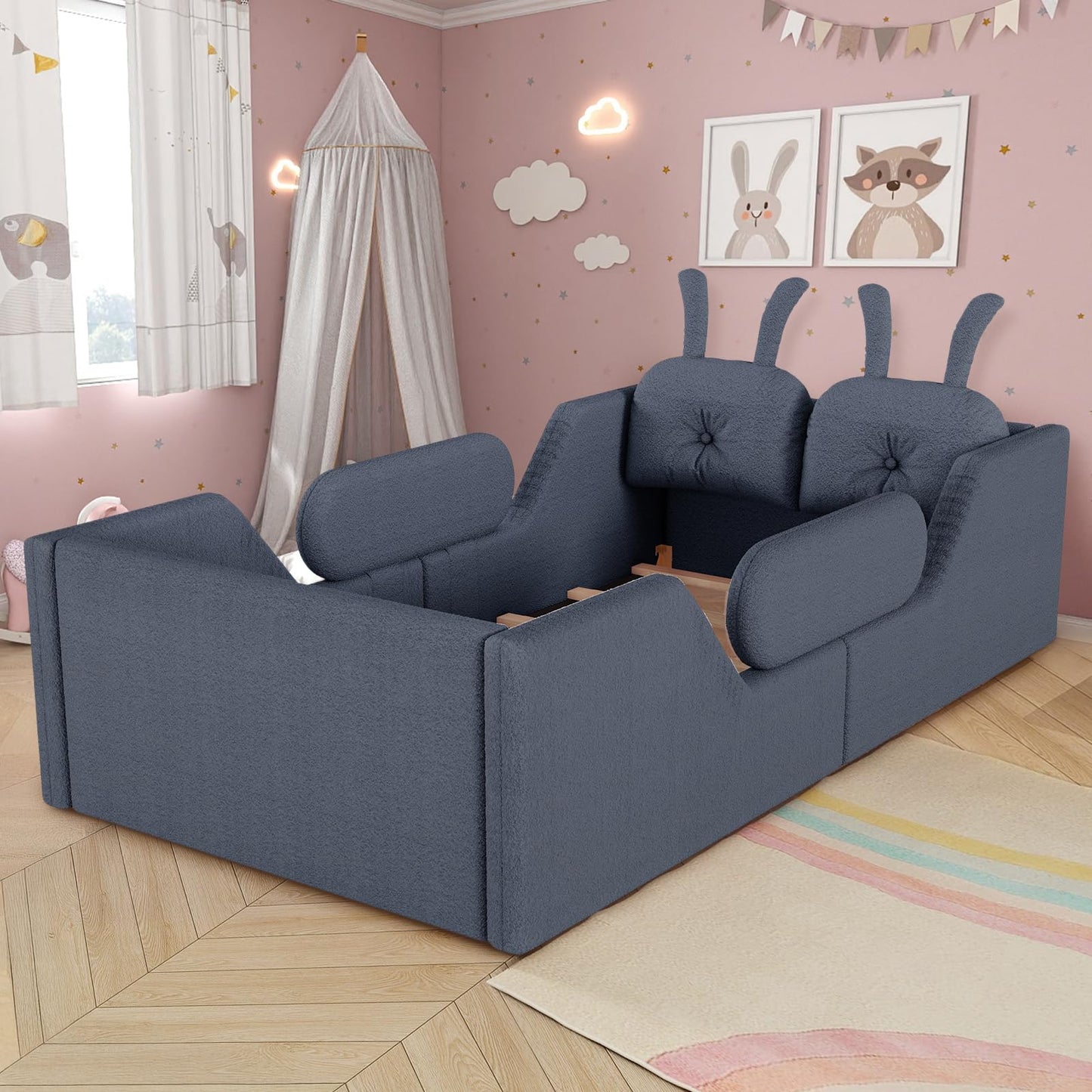 Duigonp Twin Size Kids Bed, Comfy Boucle Fabric Twin Daybed with Rabbit Cushions & Removable Side Rails, Upholstered Platform Bed, Cute Cozy Floor Bed for Girls, Boys, Teenager(Gray)