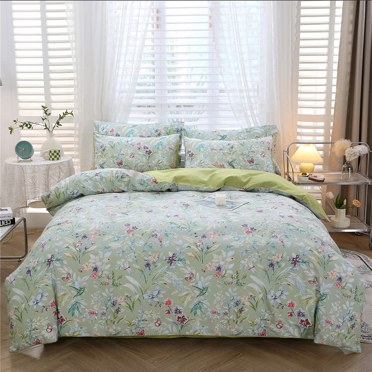 URBONUR 100% Cotton Duvet Cover Set Twin Size 3 Piece Green Floral Butterfly Printed Bedding Set, Soft and Breathable Comforter Cover Sets, Twin Size