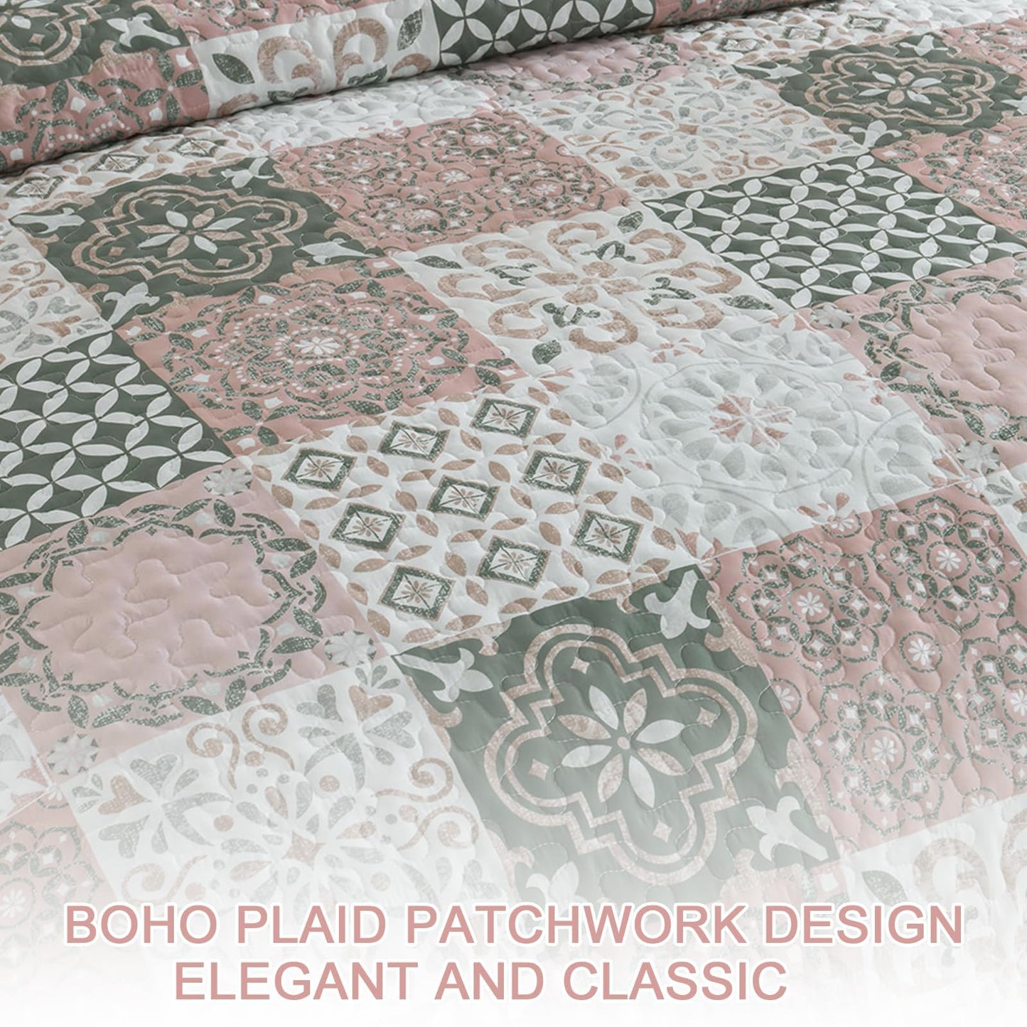 Dobuyly Blush Quilt Set Queen Size, Boho Patchwork Plaid Bedspread Coverlet Set, 3 Pieces Soft Microfiber Farmhouse Quilt Bedding Set Lightweight Bed Cover for All Seasons 96"x90"