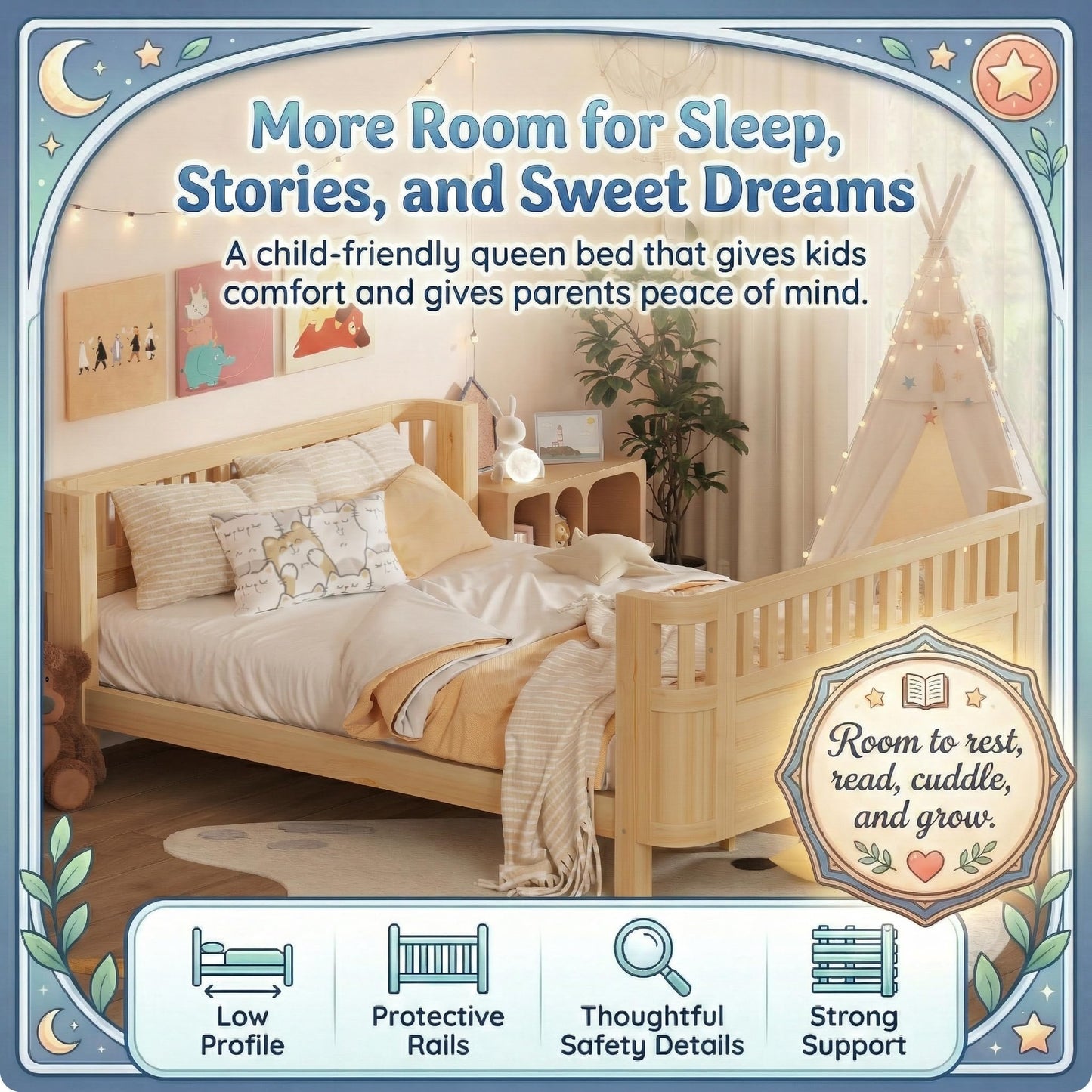 Duxelifin Queen Bed Frame for Kids with Rails, Low Profile Montessori Queen Bed with Detachable Side Rail, Solid Pine Wood Kids Daybed with Headboard, Footboard & Slat Support for Boys Girls, Natural