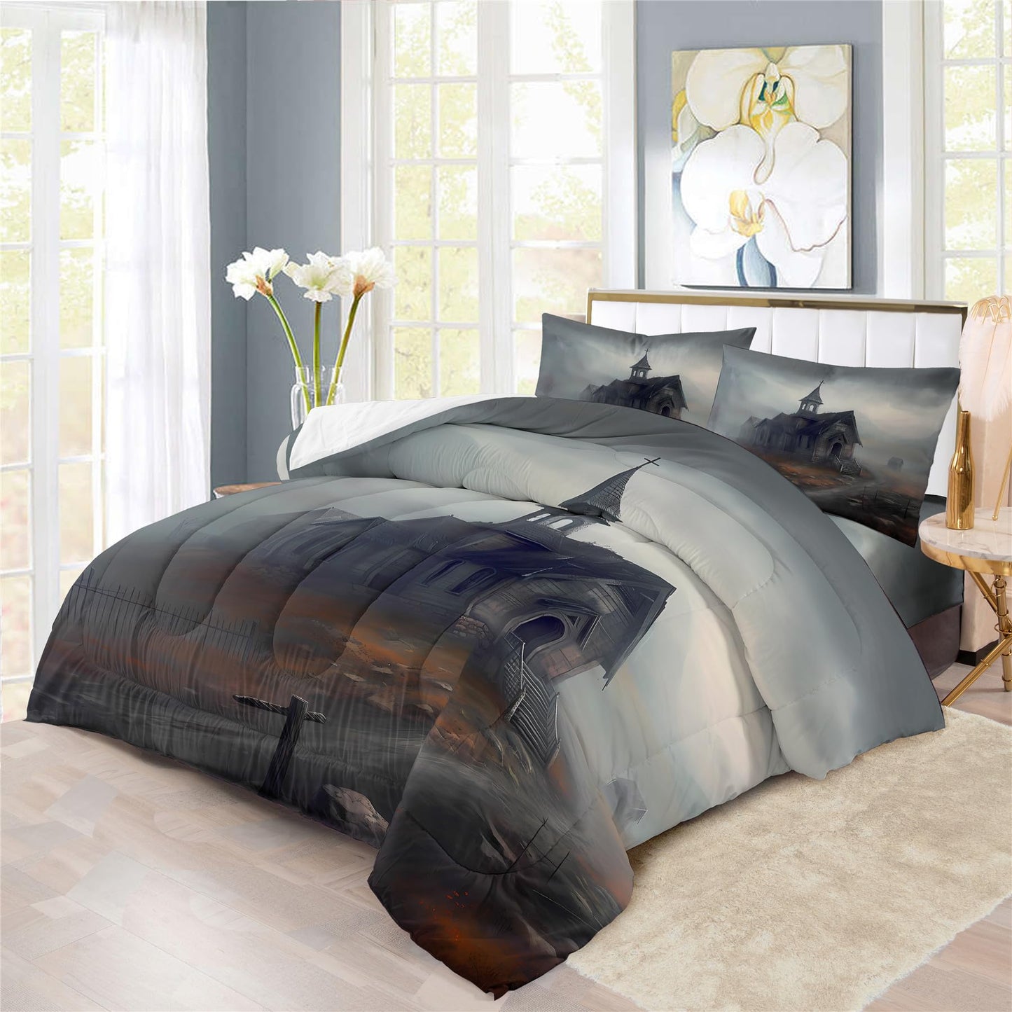 Halloween Haunted House Prints Comforter Set | Horror Festive Spooky Manor Design Bedding Set | with Soft Comforter+2 Pillow Shams(3PCS) or Sheet (4PCS) (B,Full-3PCS)