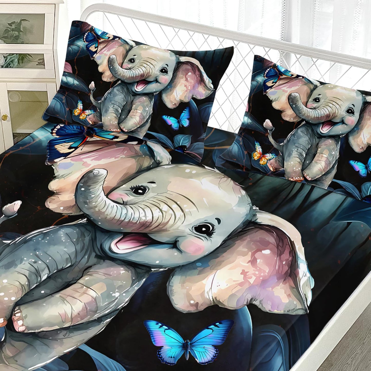 AILONEN Cartoon Elephant Fitted Sheet Twin XL Size, Cute Elephant Bedding Sets for Kids Boys Girls,Natural Plants and Colourful Butterflies Bed Sheet Set,1 Deep Pocket 2 Pillowcases,3 Pcs