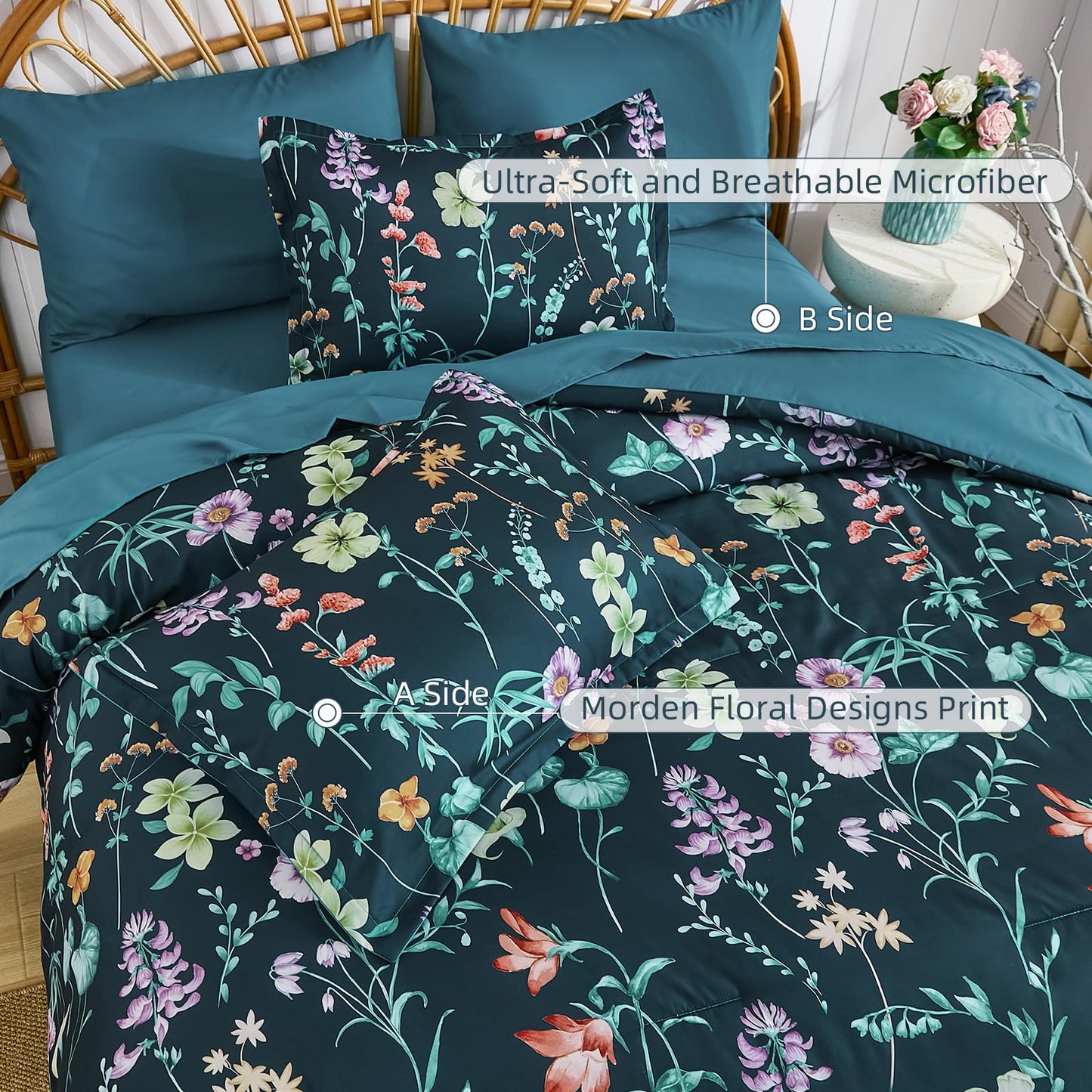 DJY Floral Comforter Set King Size,Peacock Blue Botanical Bedding Comforter Sets,7 Pieces Bed in a Bag Lightweight Microfiber Comforter Set with Sheets Pillowcases & Shams for All Seasons