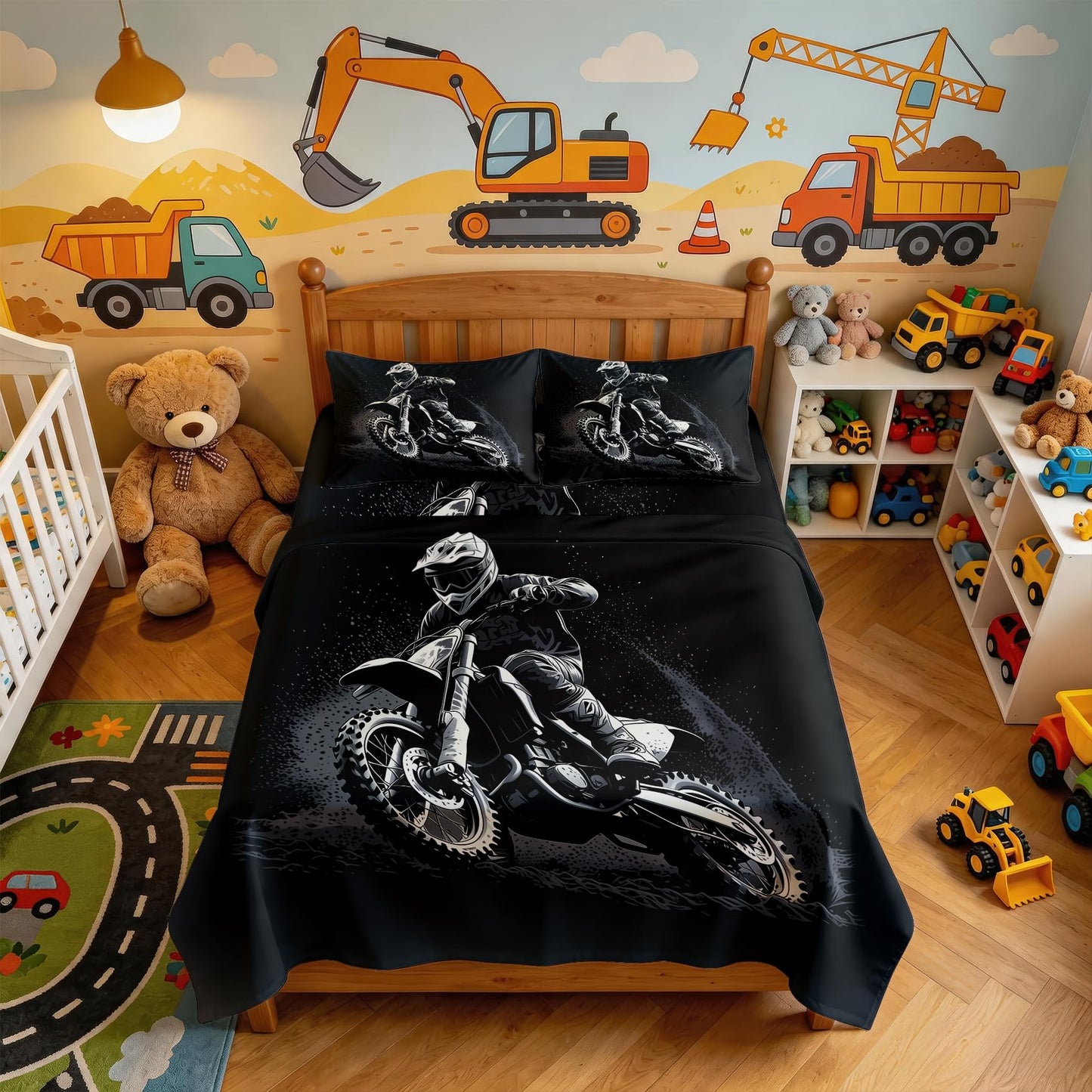 Motocross Queen Sheet Set Dirt Bike Flat Fitted Sheet Sets, Gray Black