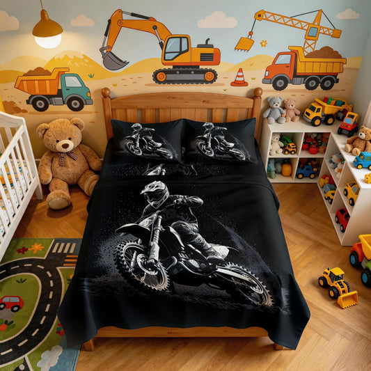 Motocross Queen Sheet Set Dirt Bike Flat Fitted Sheet Sets, Gray Black