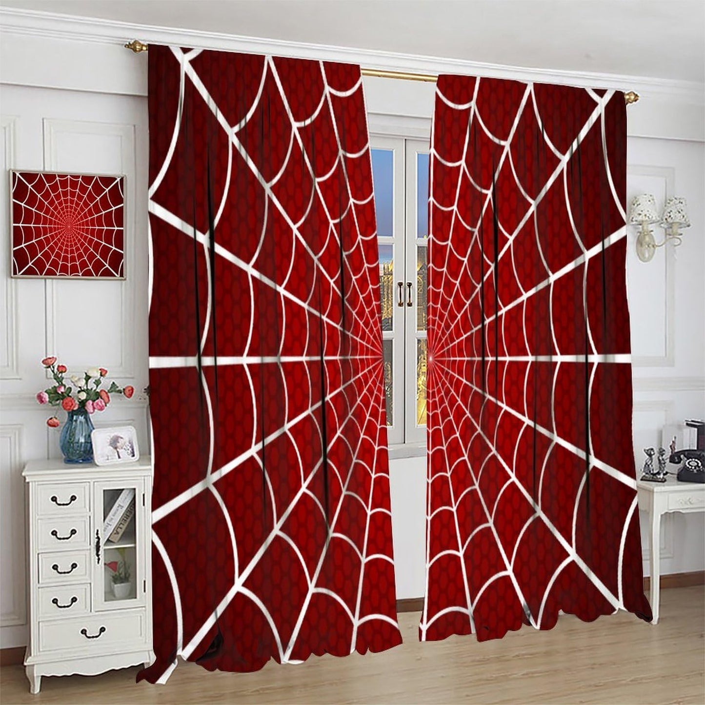 Djaby Red Spider Web Curtain, Scary Spider Web Halloween Theme Print Window Drapes for Kids Baby Nursery Room Bedroom Living Room 42" W X 45" L(No Blackout)