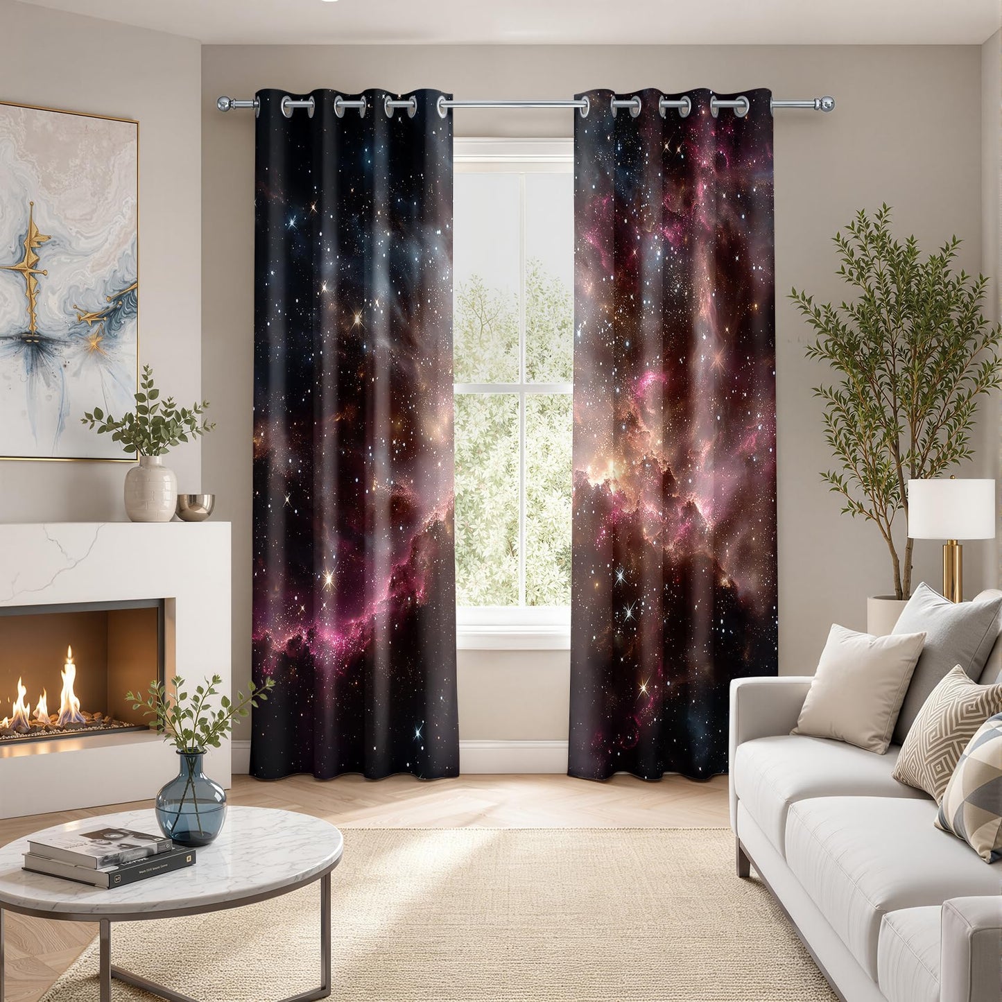 Galaxy Curtains 63 Inch Length 2 Panels Set, Colorful Nebula Starry Sky Stars Outer Space Patterned Blackout Curtains for Kitchen, Thermal Insulated Room Darkening Grommet Drapes