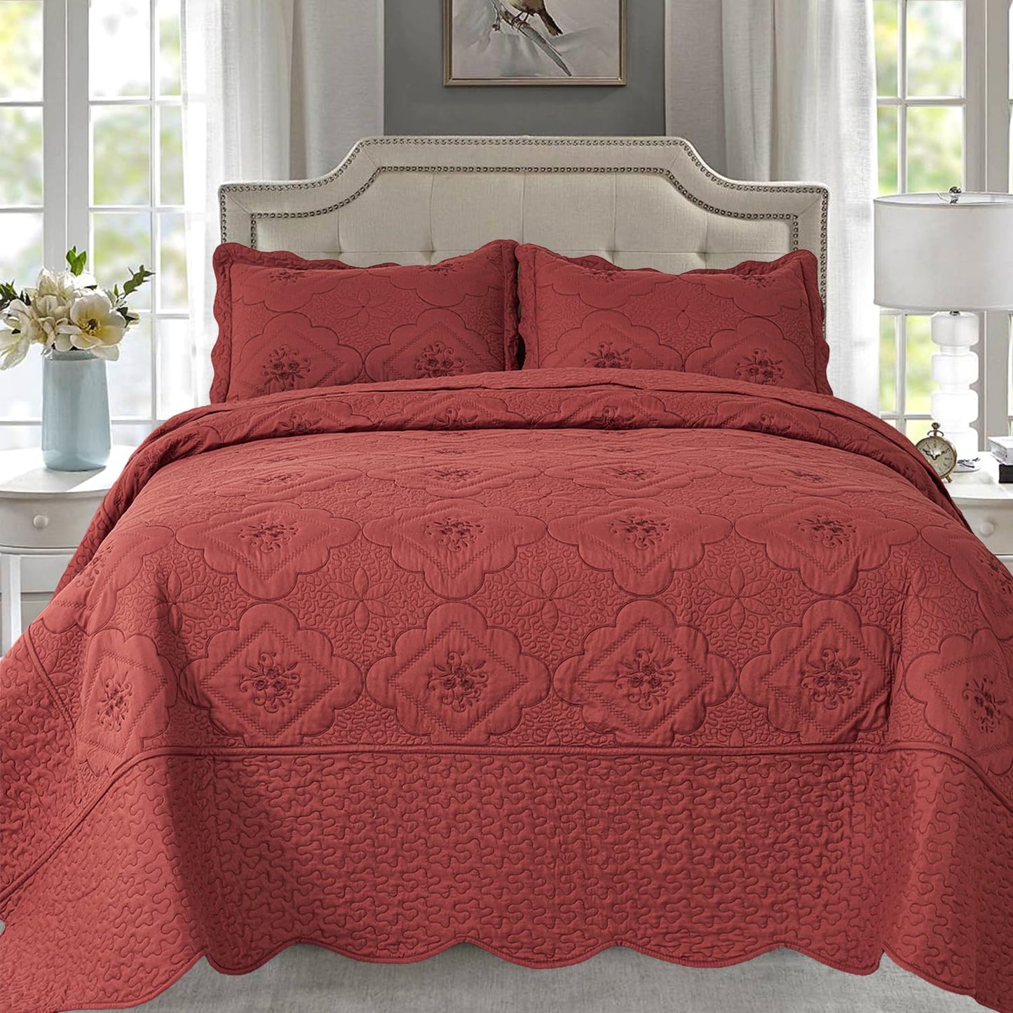 Cmfshape Floral Embroidery Quilt Set,3 Pieces Queen Quilt Bedding Set,Classic Diamond Pattern Quilts,Ultra Soft Lightweight Reversible Bedspread Coverlets for All Season(Burgundy,90"x90")