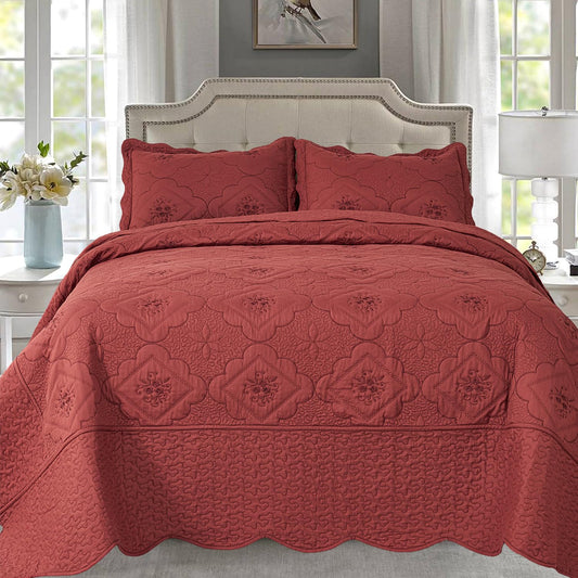 Cmfshape Floral Embroidery Quilt Set,3 Pieces Queen Quilt Bedding Set,Classic Diamond Pattern Quilts,Ultra Soft Lightweight Reversible Bedspread Coverlets for All Season(Burgundy,90"x90")