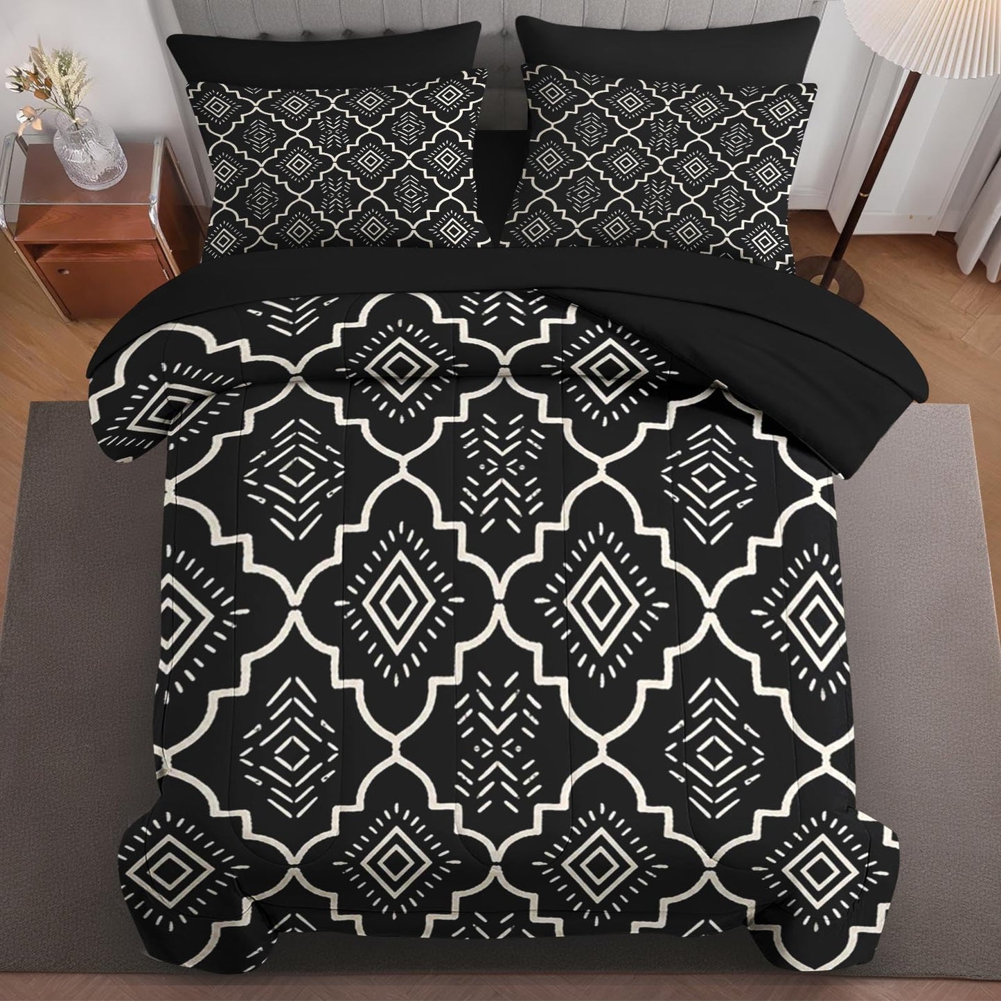 Boewywh Comforter Set Twin Size Boho Aztec Geometric 7 Pcs, Bedding for Kids and Adults, Southwestern Black Bed Sheet Sets with Fitted Sheet 2 Pillowcases & 2 Shams for Bedroom Bed Decor