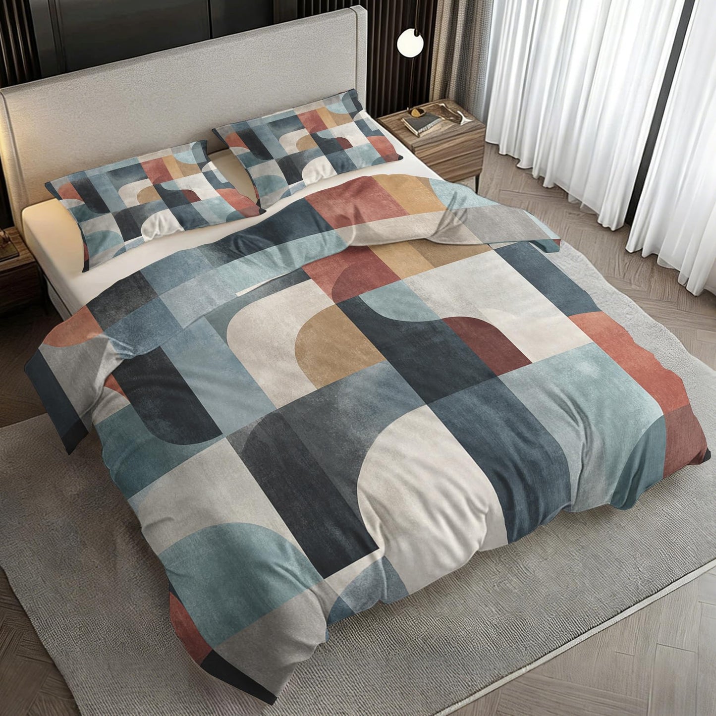Mid Century Modern Duvet Cover Twin Size, MCM Geo Bedding Set 2 pcs with 1 Pillow Cover, Abstract Geometry Bedroom Decor, Soft Microfiber Reversible, Zipper & Ties KJJT 108