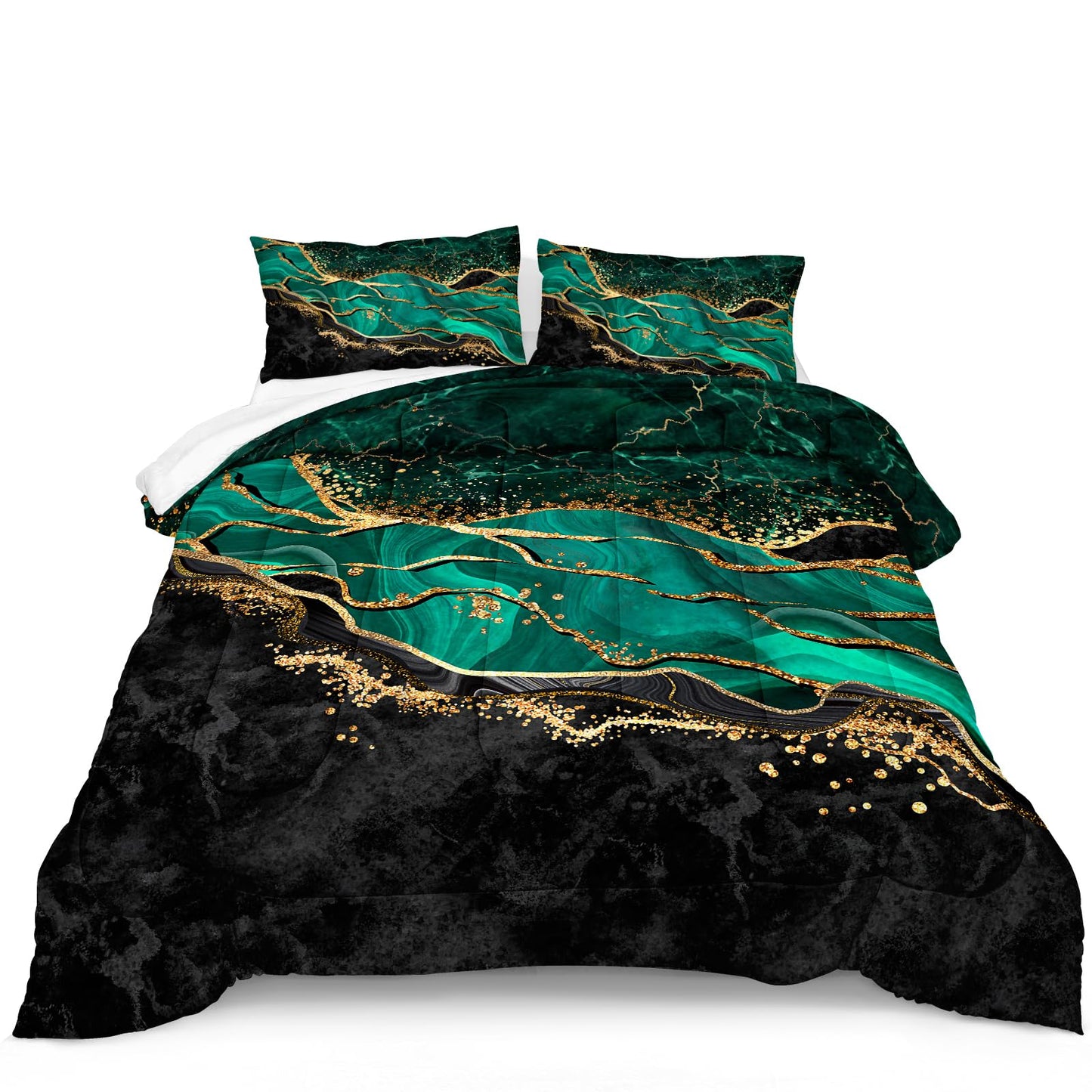 Queen Comforter Set Emerald Green, Marble Bedding Comforter Set, Metallic Foil Print Black Gold Bedding Dark Green Abstract Modern Comforter Set
