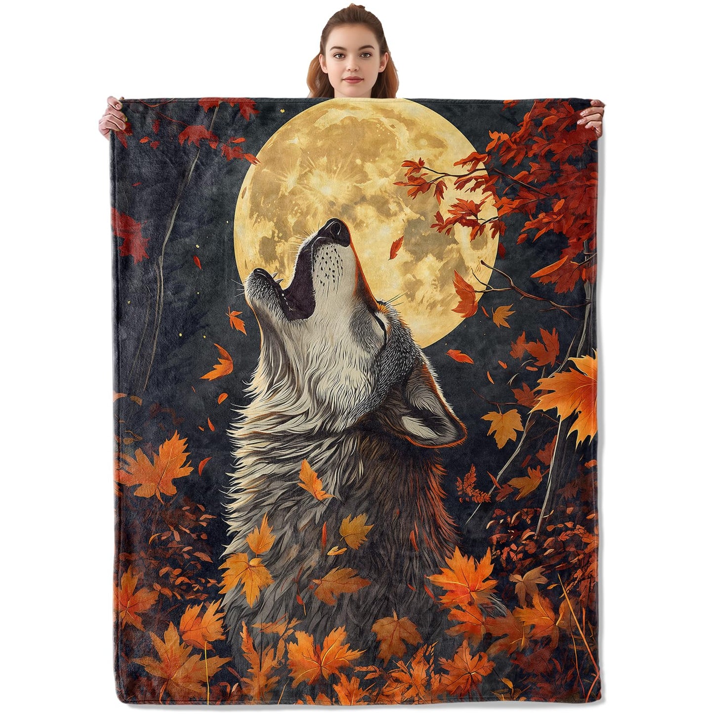 Kibue Autumn Wolf & Moon Blanket - Soft & Cozy Warm Flannel Throw - Plush Lightweight Blankets for Travel, Sofa, Bedroom, Office - Gifts for Adults Women Kids - for All Seasons 60"×50"