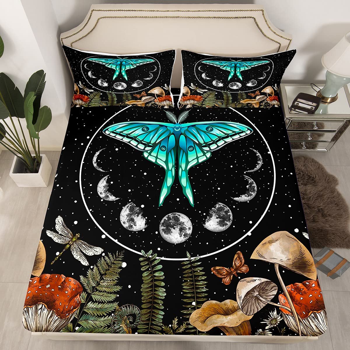 Erosebridal Blue Butterfly Sheet Set Queen,Dragonfly Moth Mushroom Bed Sheets Moon Phase Flat Sheet Starry Sky Fitted Sheet,Hippie Wild Fungus Sheets Boho Bohemian Style Home Room Decor Luxury,Black