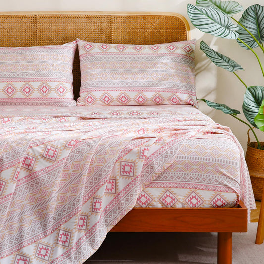 CozySmile Boho Sheet 4 Pieces Queen Sheet Set Bohemian, Boho Sheets Soft Microfiber Deep Pocket, Western Sheets Geometric(Queen, Pastel Pink Geometric)