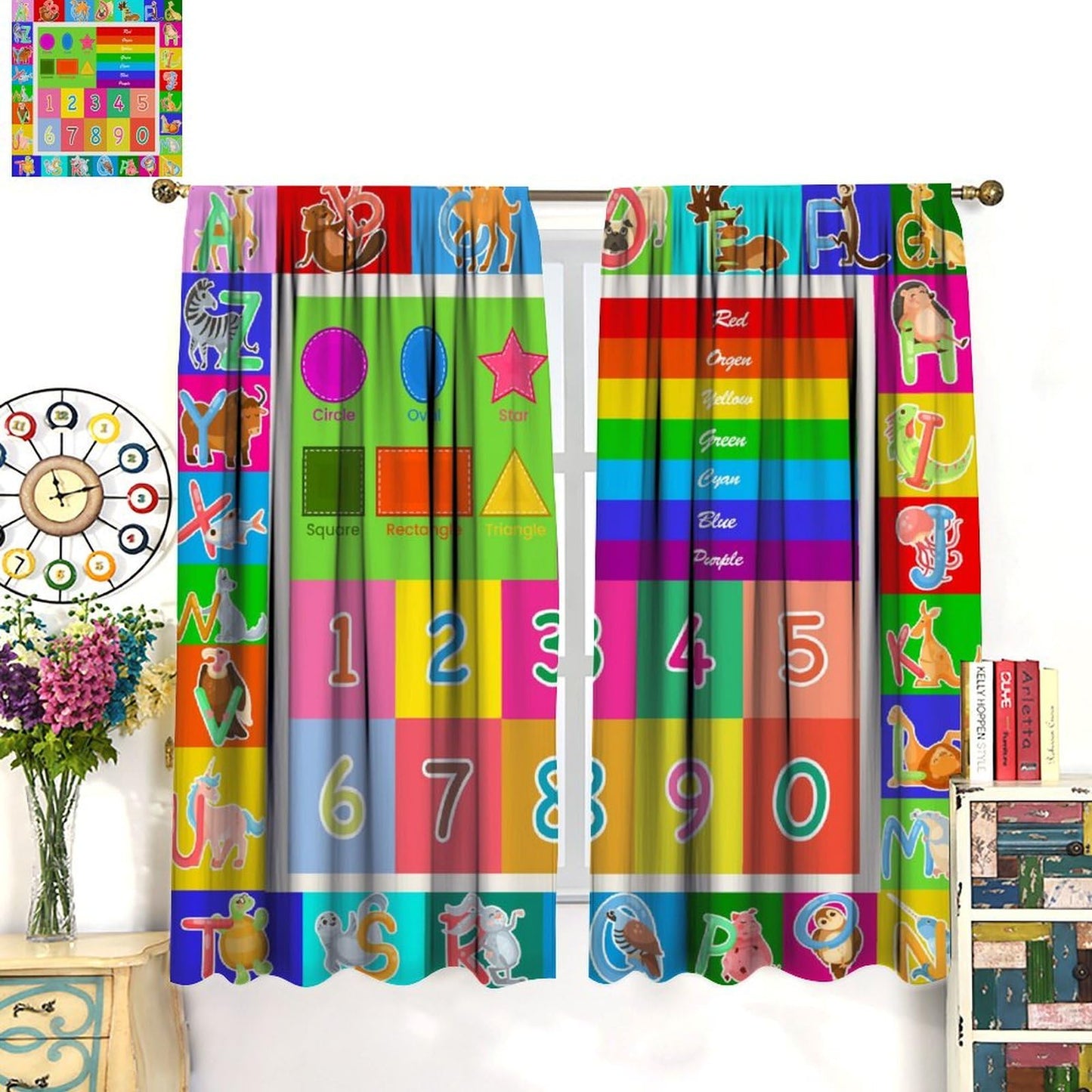 AAVEUP ABC Alphabet Curtains, Cartoon Toddler Colourful Animals Numbers Colours Classroom Learning Windows Treatments Drapes for Kids Boys Girls Living Room Bedroom 42x45in（No Blackout）