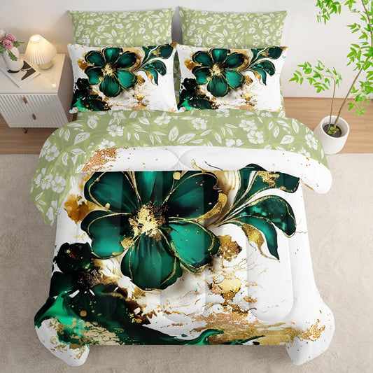 AILONEN Gold Green Floral Comforter Set Full Size,7-Piece Soft Bed in a Bag,Marble Flower Comforter & Fitted Sheet & Flat Sheet & 2 Pillowcases,2 Pillow Shams for Girls Women