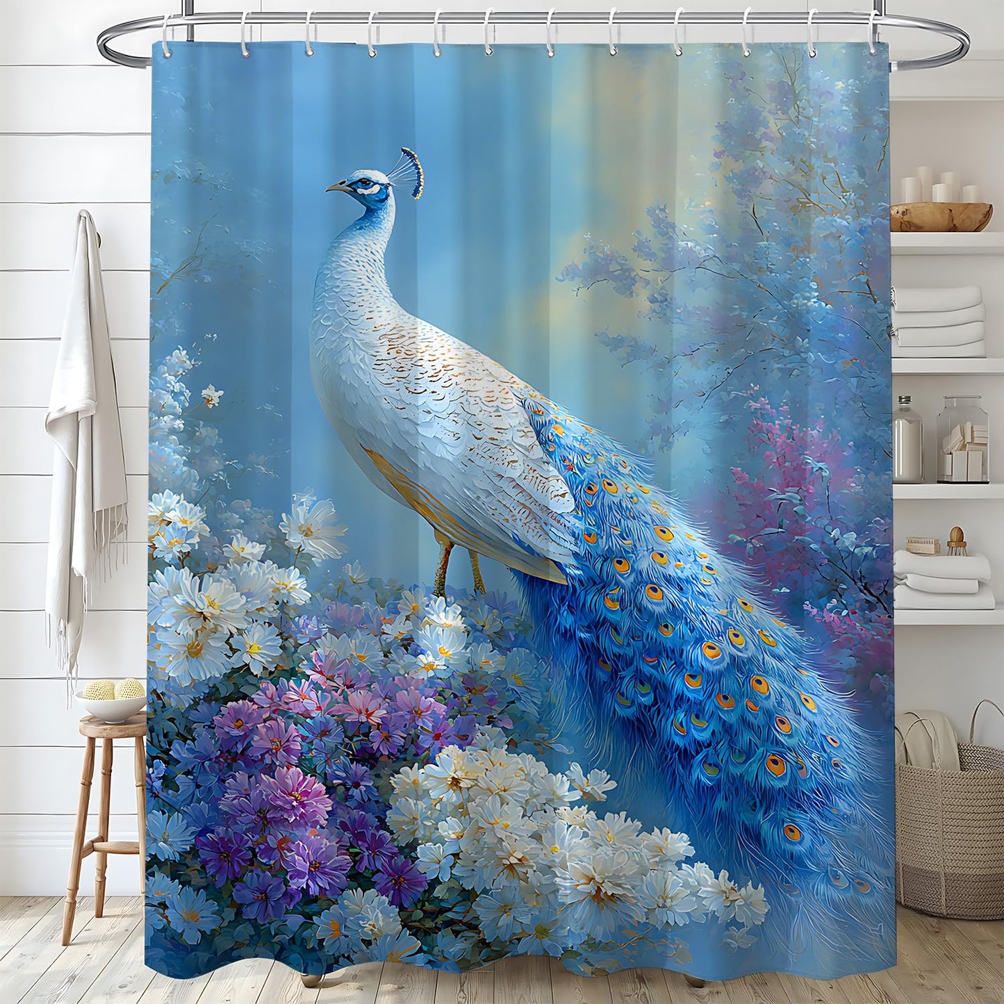 THISFIND Shower Curtain, Elegant Peacock with White Flowers and Misty Background Machine Washable Waterproof Fabric for Bathroom Decor Bathtub with 12 Hooks 72x72