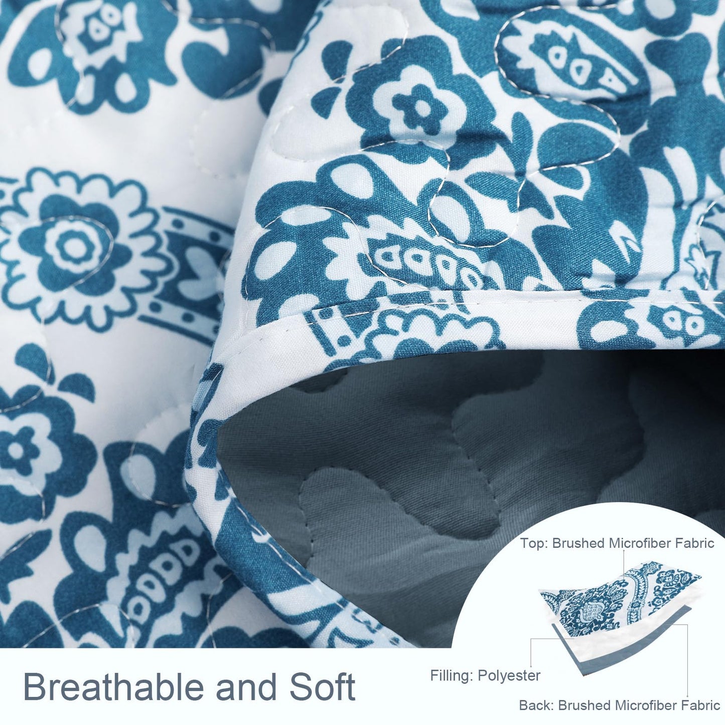 Exclusivo Mezcla Reversible Boho Quilts Queen Size, Blue Soft Bedspreads Lightweight Coverlet All Season Damask Quilt Bedding Set with Printed Floral Pattern (1 Quilt, 2 Pillow Shams)