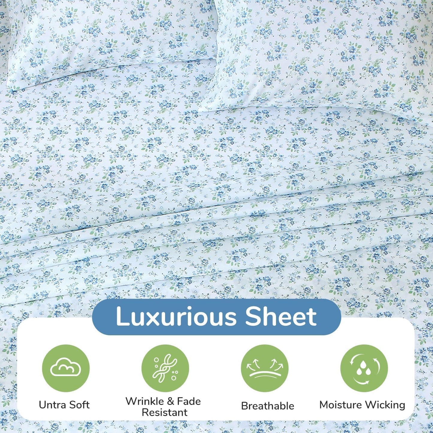 MUXHOMO Queen Size 4 Piece Sheet Set, Soft Breathable Bed Sheet Set for Bedroom with Deep Pocket Up to 16", Wrinkle-Free & Cooling Bedding for Oeko-TEX Certified - Blossoms Light Blue
