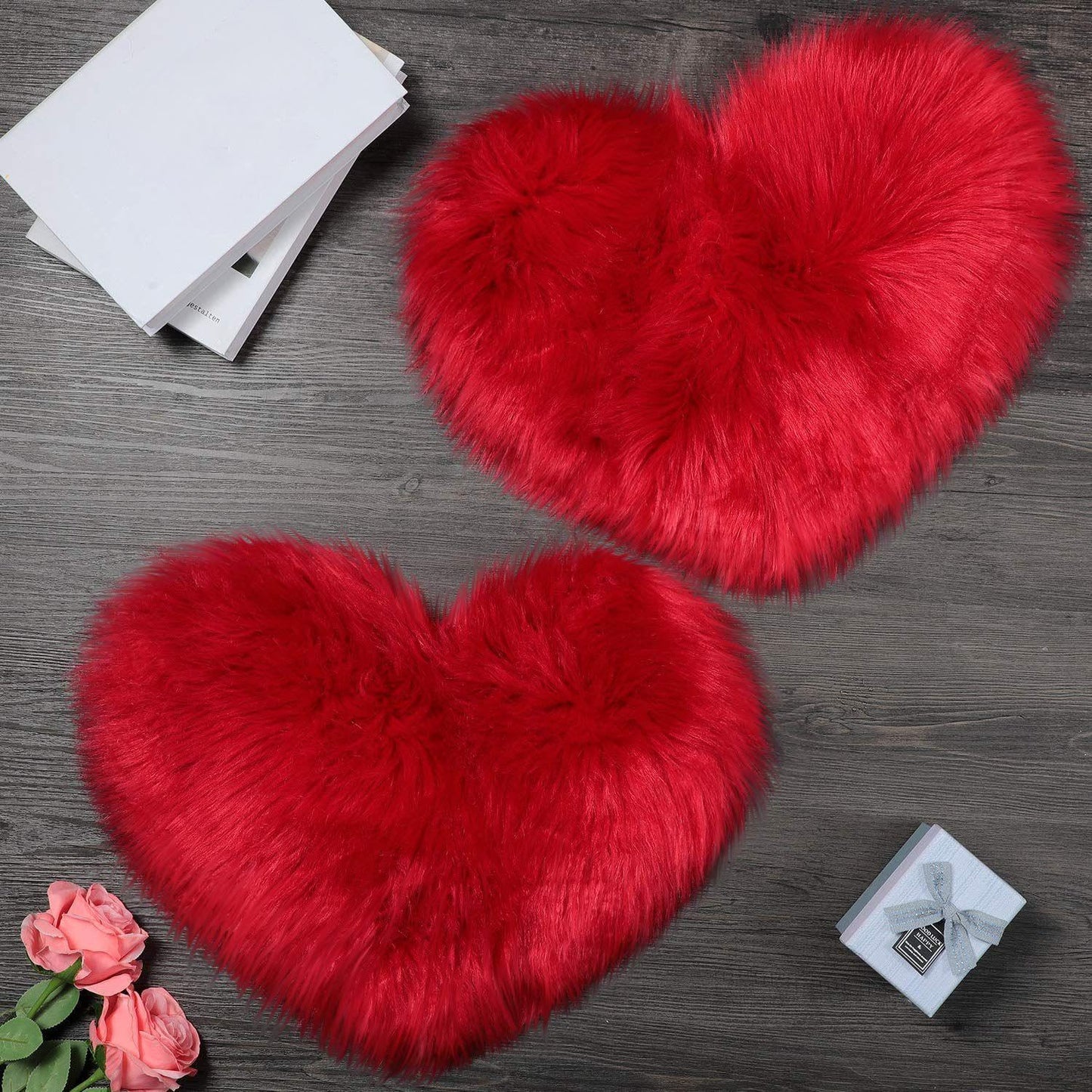 Mudder 2 Pcs Faux Fur Rug, Heart Shaped Rugs, Fluffy Decorative Mat for Room Home Chair Side, Desk Feet, Nursery, Photo Background & Valentine Decor, 12 x 16 Inch(Red)