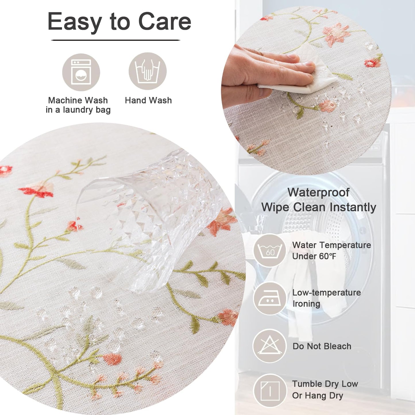 Joyfol Day Linen Spring Flowers Tablecloth with Tassels, Rustic Farmhouse Embroidery Waterproof Table Cloths for Rectangle Tables, Heavy Weight Spill-Proof Table Covers, Pink Florals, 55''x 70''
