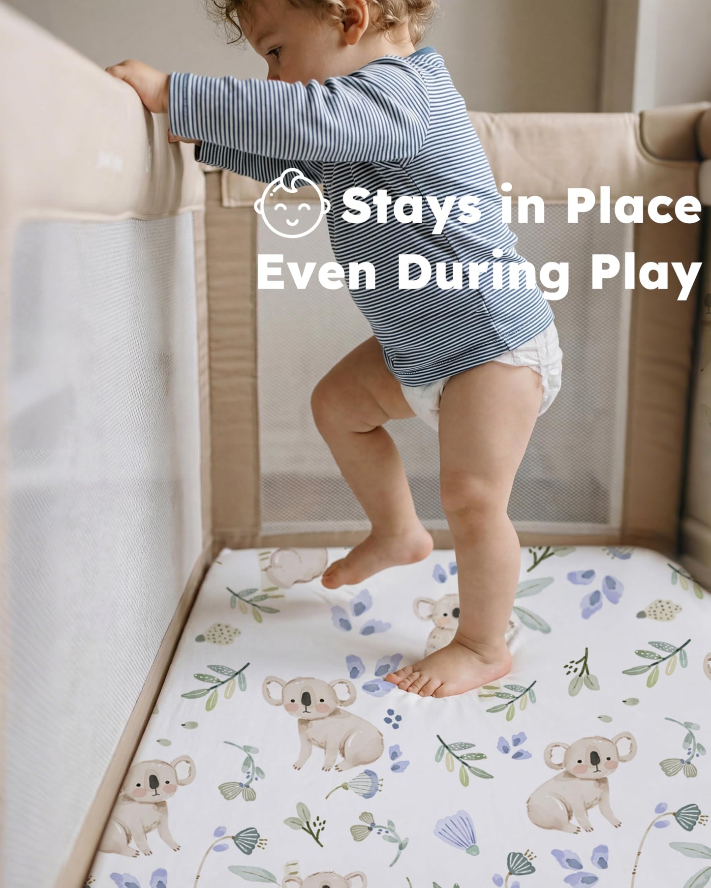 Nyessmee Pack and Play Sheets for Boys Girls, 38" x 26" Mini Crib Sheets Fitted for Pack n Play Mattress, Soft Breathable Playard Sheets, 2-Pack Green Koala