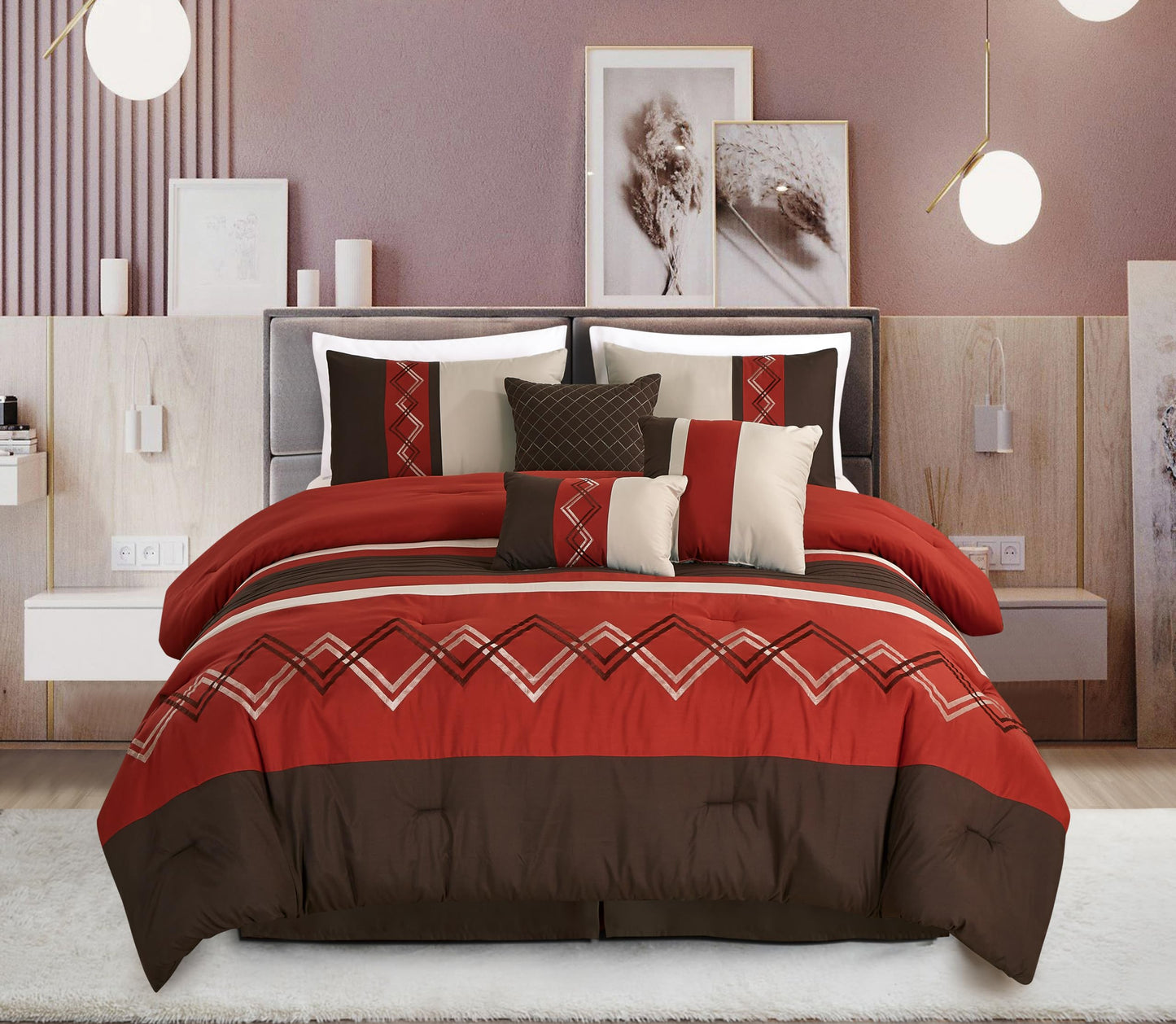 Chezmoi Collection Arden 7-Piece Modern Pleated Stripe Embroidered Zigzag Bedding Comforter Set (King, Spice/Brown/Coffee Cream)