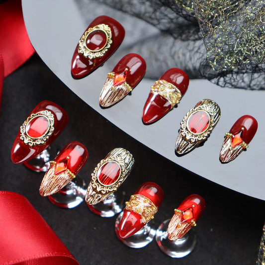 Red Press on Nails Retro Nail Art with Diamond Design Handmade Nails Press ons Gold Fake Nails Medium Almond Glue on Nail Reusable French Tip Stick on Nail for Women Girls Gorgeous Manicure (L)