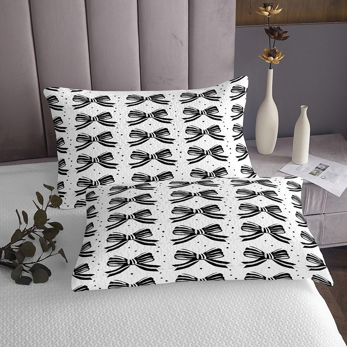 jejeloiu Bowknot Bedspread Quilts Black White Stripes Bow Coverlet Set Queen Size for Kids Boys Girls Cute Style Quilted Coverlet for All Season with 2 Pillowcases Microfiber