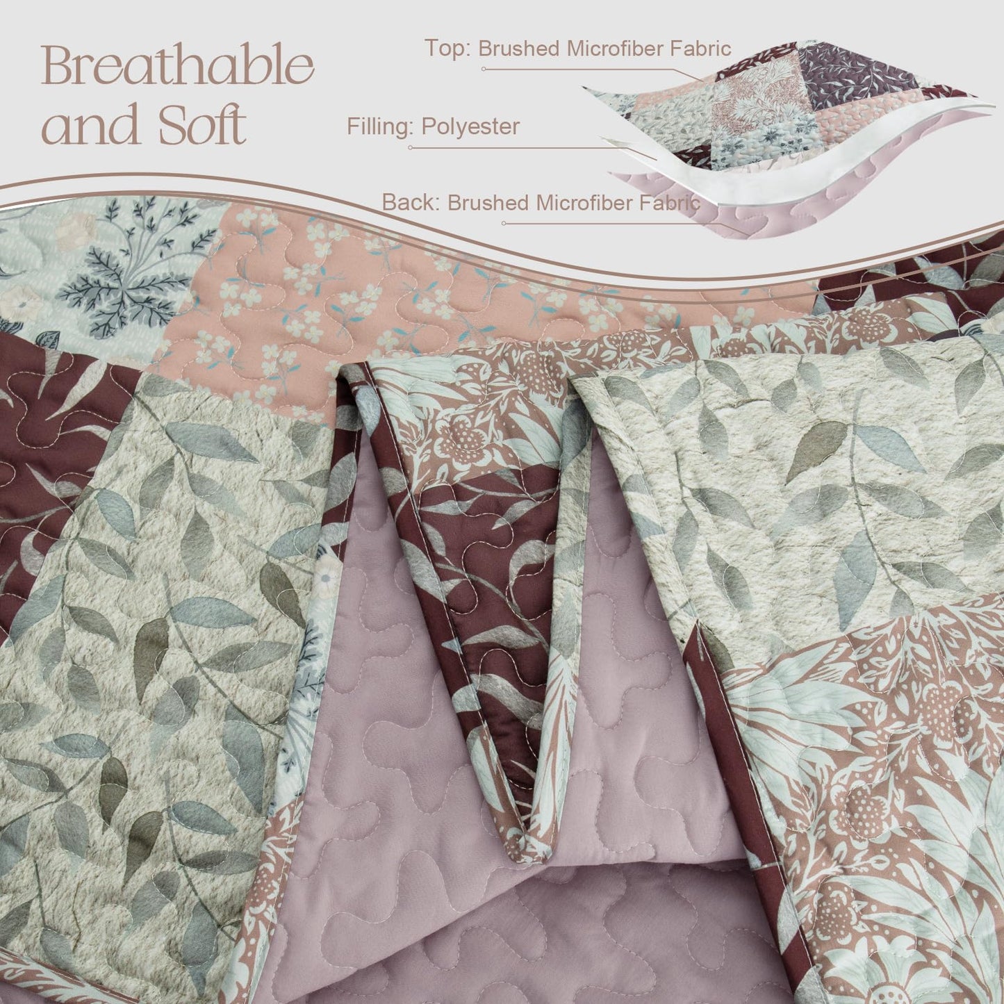 Exclusivo Mezcla Reversible Boho Quilts Queen Size, Brown Soft Bedspreads Lightweight Coverlet All Season Patchwork Quilt Bedding Set with Printed Floral Pattern (1 Quilt, 2 Pillow Shams)