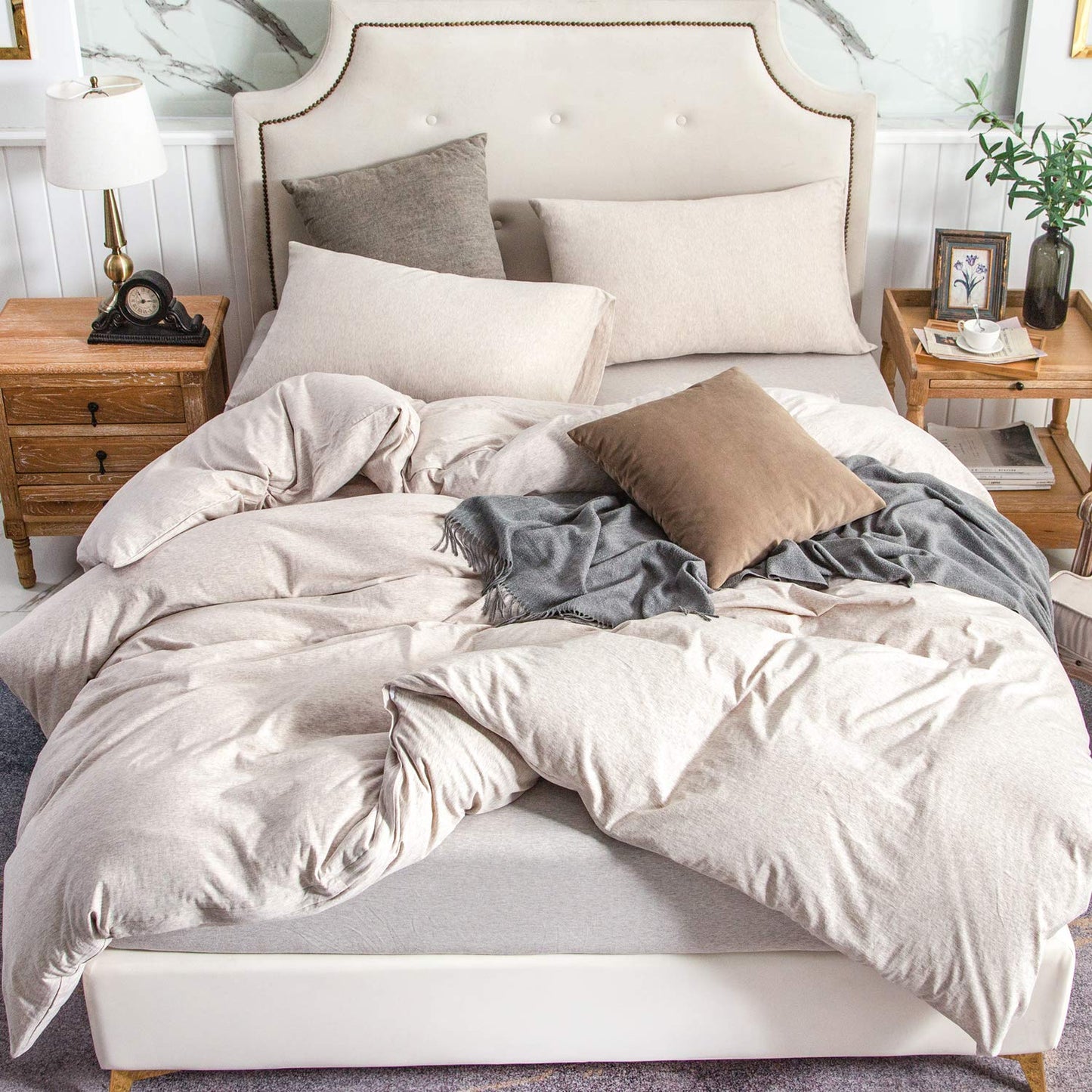 PURE ERA Jersey Knit Duvet Cover Set 100% T-Shirt Cotton Super Soft Comfy 2pc Bedding Set with Zipper Closure (Heather Beige, Twin)