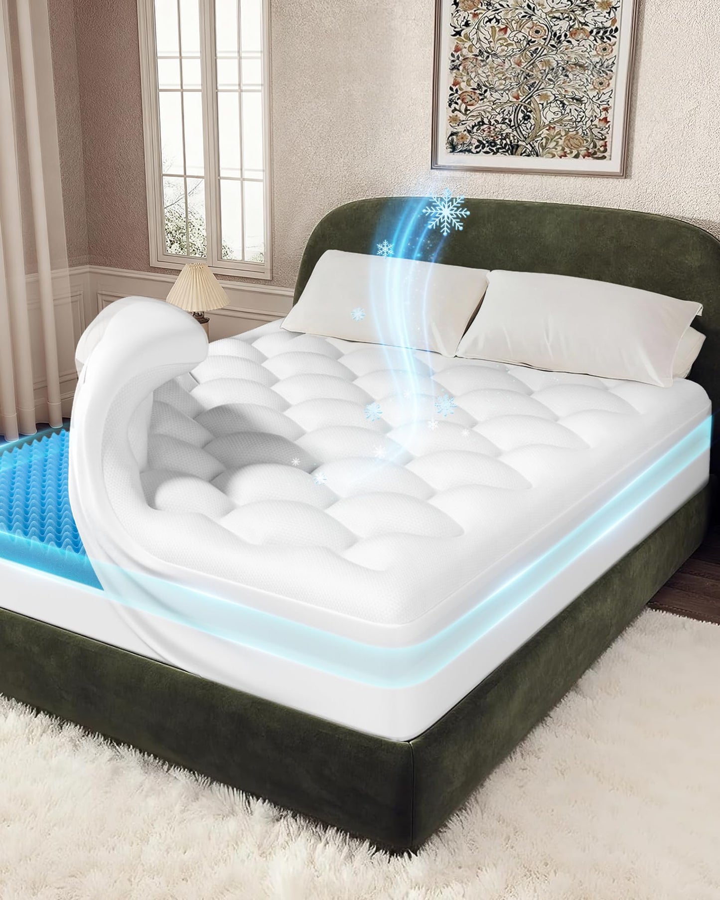 OhGeni Cooling 5 lnch King Size Dual Layer Mattress Topper, 3 Inch Egg Crate Gel Memory Foam, 2 Inch Breathable Pillow Top Pad, Bedroom Mattresses Cover, Extra Comfortable Sleep and Back Pain Relief