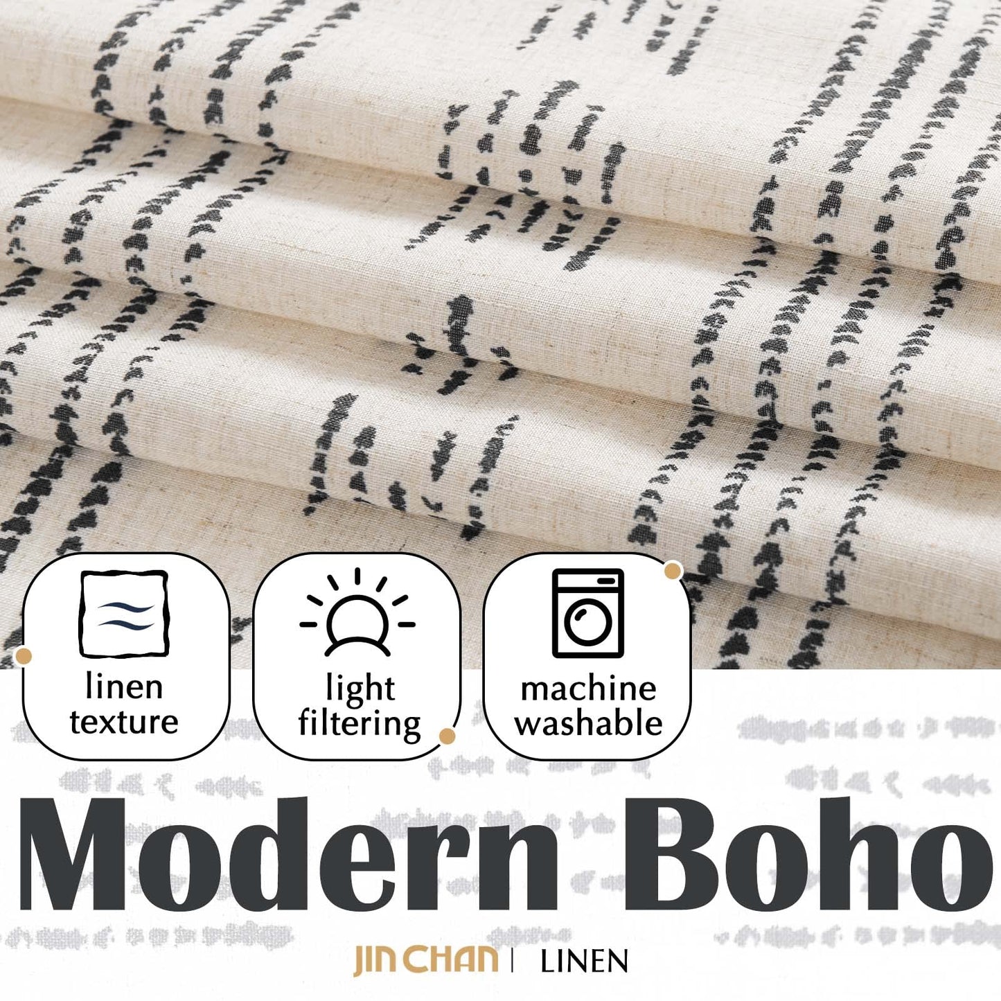 jinchan Boho Kitchen Curtains Linen Tier Curtains 36 Inches Bohemian Cafe Small Drapes Striped Mudcloth Farmhouse for Bathroom RV Camper Light Filtering Rod Pocket 2 Panels Black on Beige