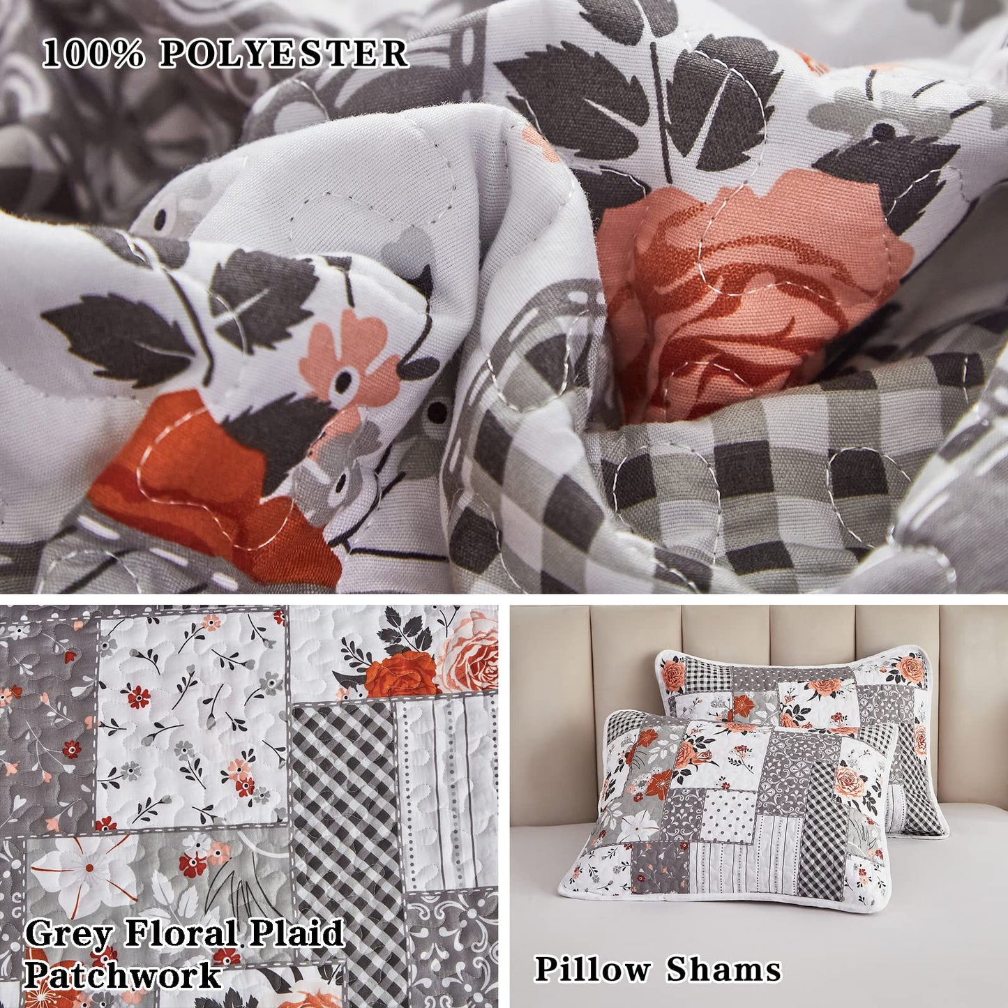 Patchwork Quilt Set Full/Queen Size, 3 Pieces Grey Floral Plaid Summer Bedspread Coverlet Set, Soft Microfiber Reversible Lightweight Bed Cover for All Season (90" x 90", 1 Quilt+ 2 Pillow Shams)