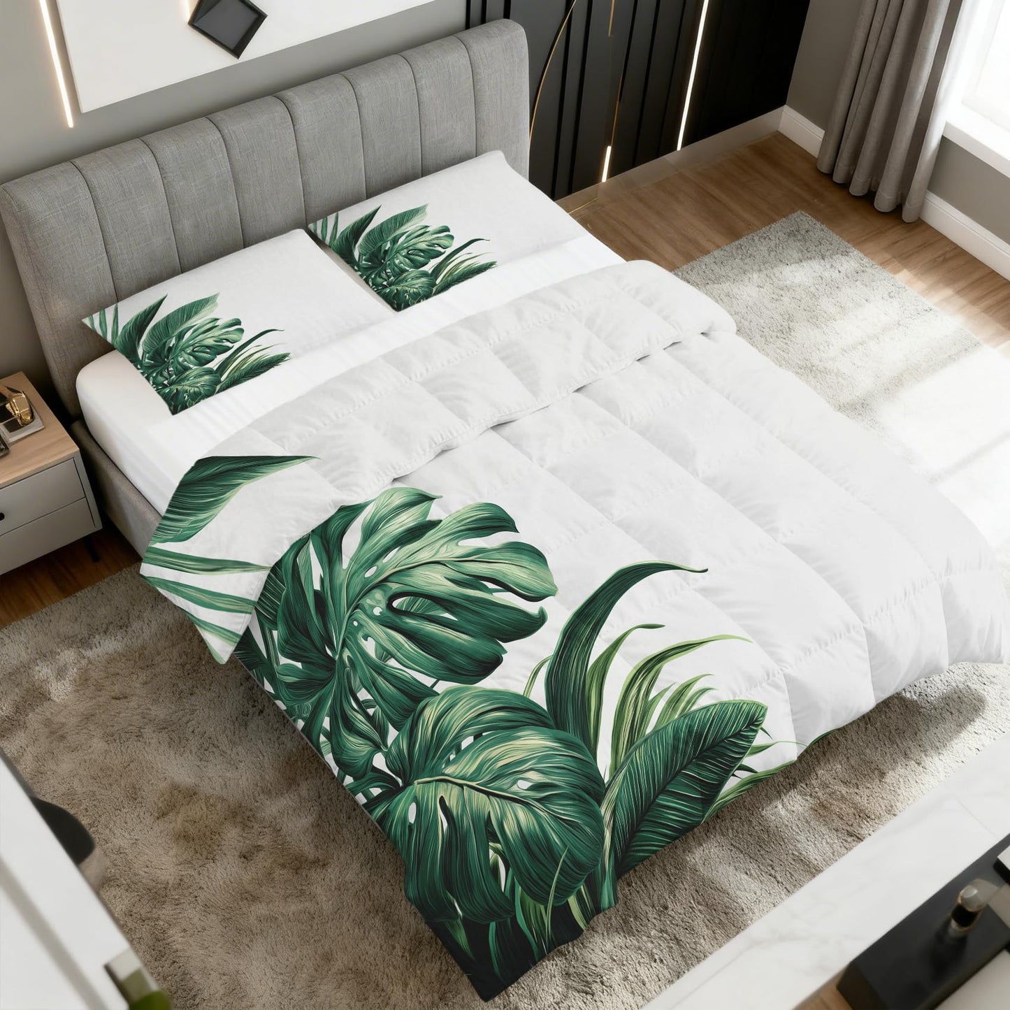 Monstera Leaf Comforter Set King Size 3Pc, Tropical Green Leaves Pattern Down Alternative Bed Comforter, 2 Pillow Shams, Soft All Season Bedding, Monstera Leaf Bedroom Decor AF2450