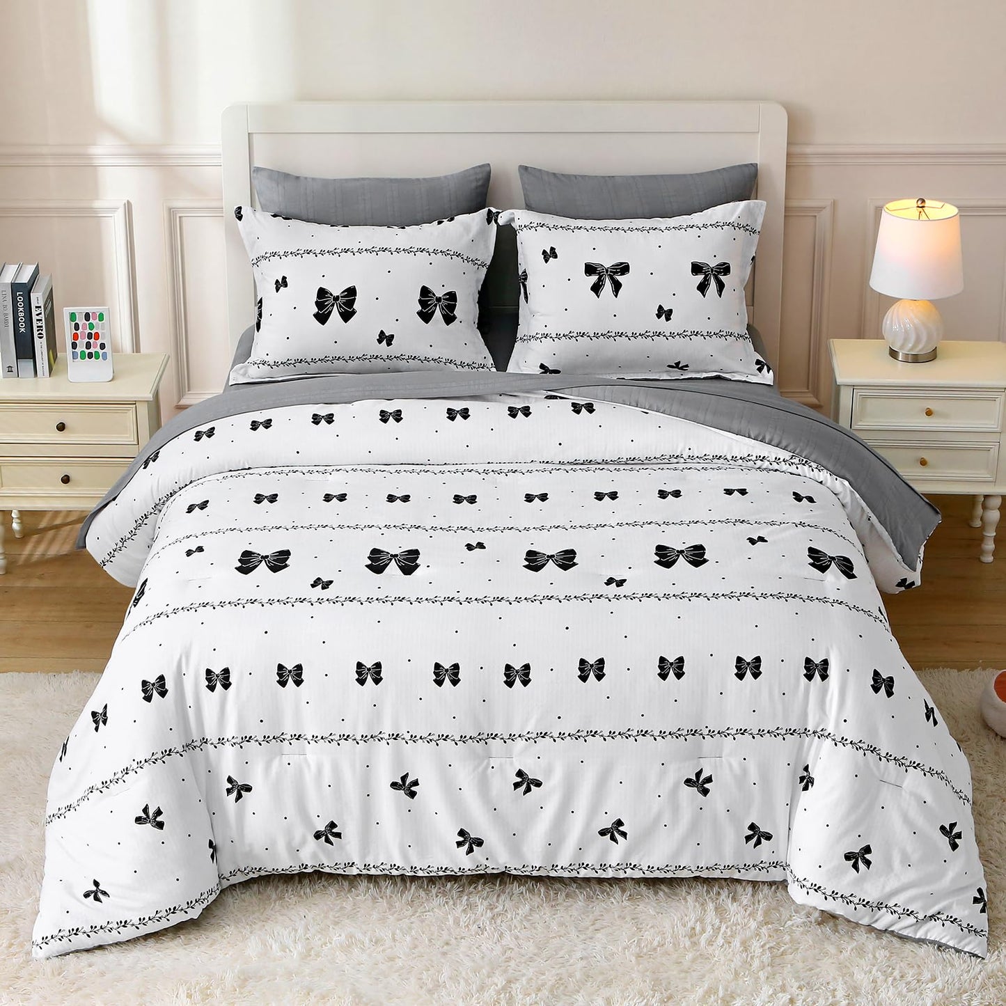 Jameswish 7 Pieces Black Bow Comforter Set for Girls Kids Soft Fluffy Polka Dot Bedding Set Full Size Bed in A Bag as Gifts (1 Comforter, 1 Flat Sheet, 1 Fitted Sheet, 2 Pillowcase and 2 Pillow Sham)