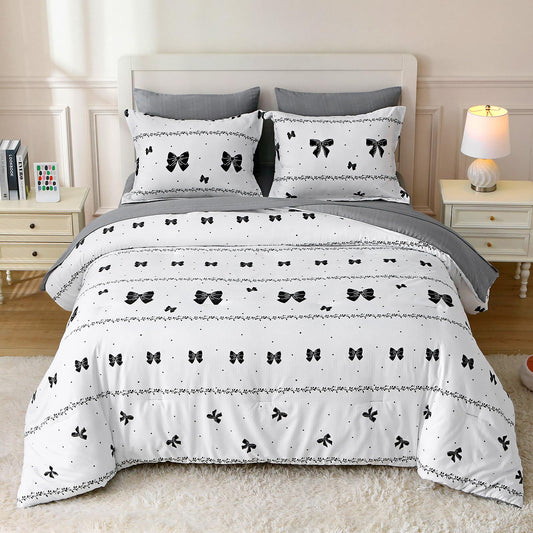 Jameswish 7 Pieces Black Bow Comforter Set for Girls Kids Soft Fluffy Polka Dot Bedding Set Full Size Bed in A Bag as Gifts (1 Comforter, 1 Flat Sheet, 1 Fitted Sheet, 2 Pillowcase and 2 Pillow Sham)