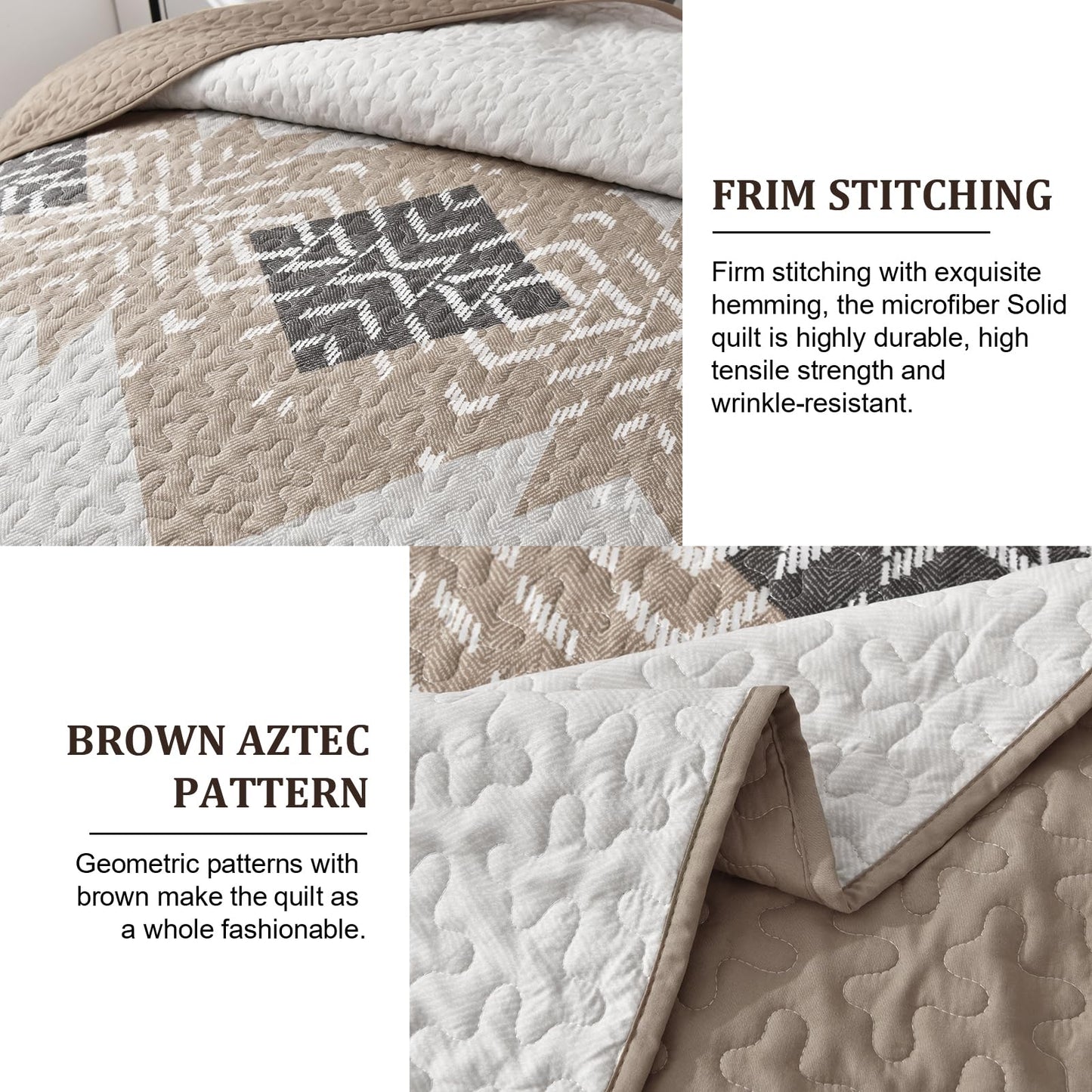 Dintszyayue Brown Boho Quilt Set King,3 Pieces Aztec Texture Quilt with 2 Pillowcases,Bohemian Geometric Bedspread Bedding Set Microfiber Quilted Coverlet Set for All Seasons King Size(90"×103")