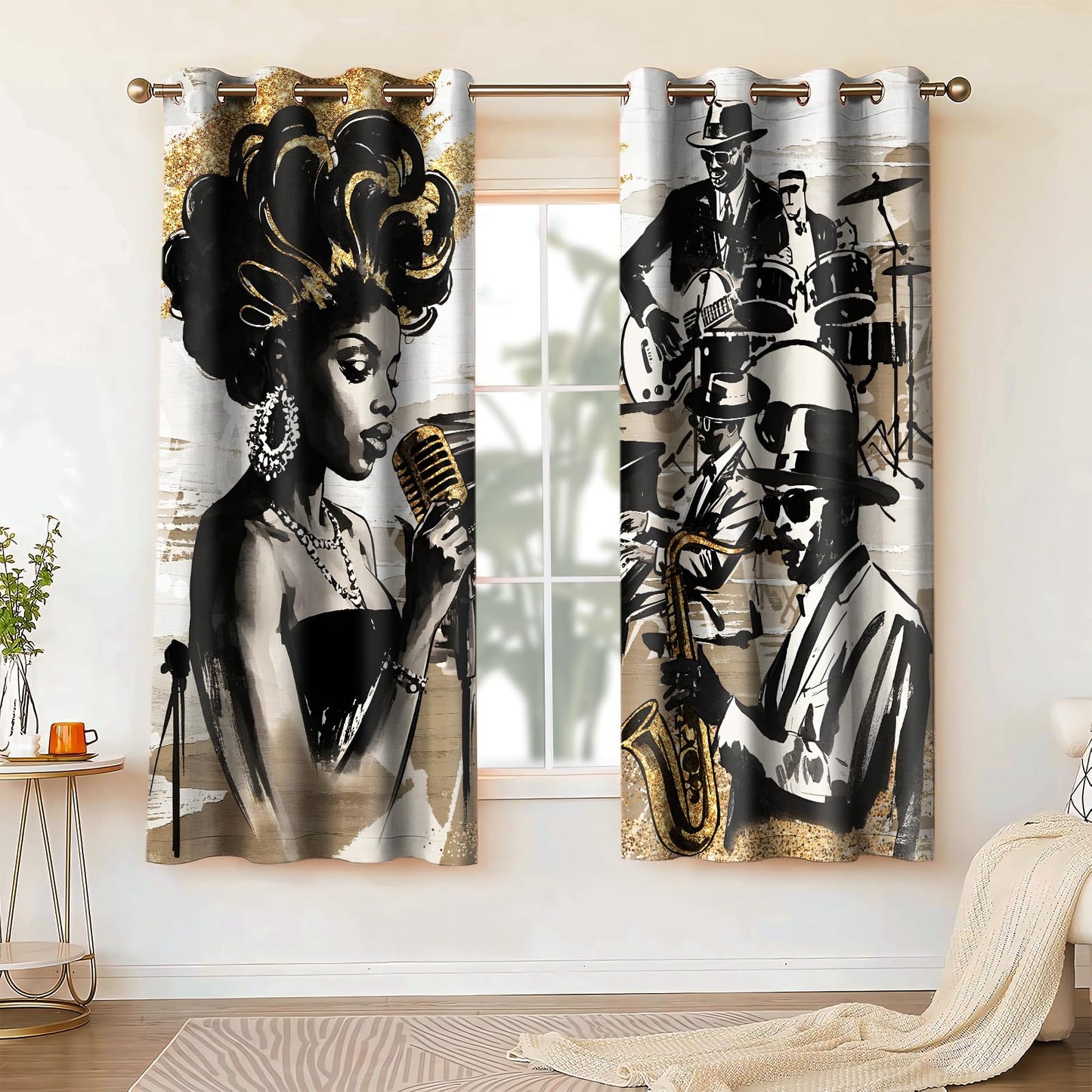 HIYSMT American Woman Jazz Music Curtains African Black Girl Singing Jazzist Band Blackout Curtain Afrocentric Black Gold Modern Art Treatments for Music Room Bedroom 4263inch 2Panel HI033DX