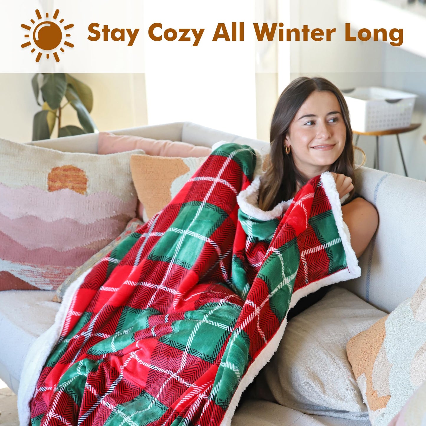 Red Buffalo Plaid Christmas Throw TV Sherpa Blanket 50" x 60", Super Soft Warm Comfy Plush Fleece Bedding Couch Cabin Decorative Throw Blanket