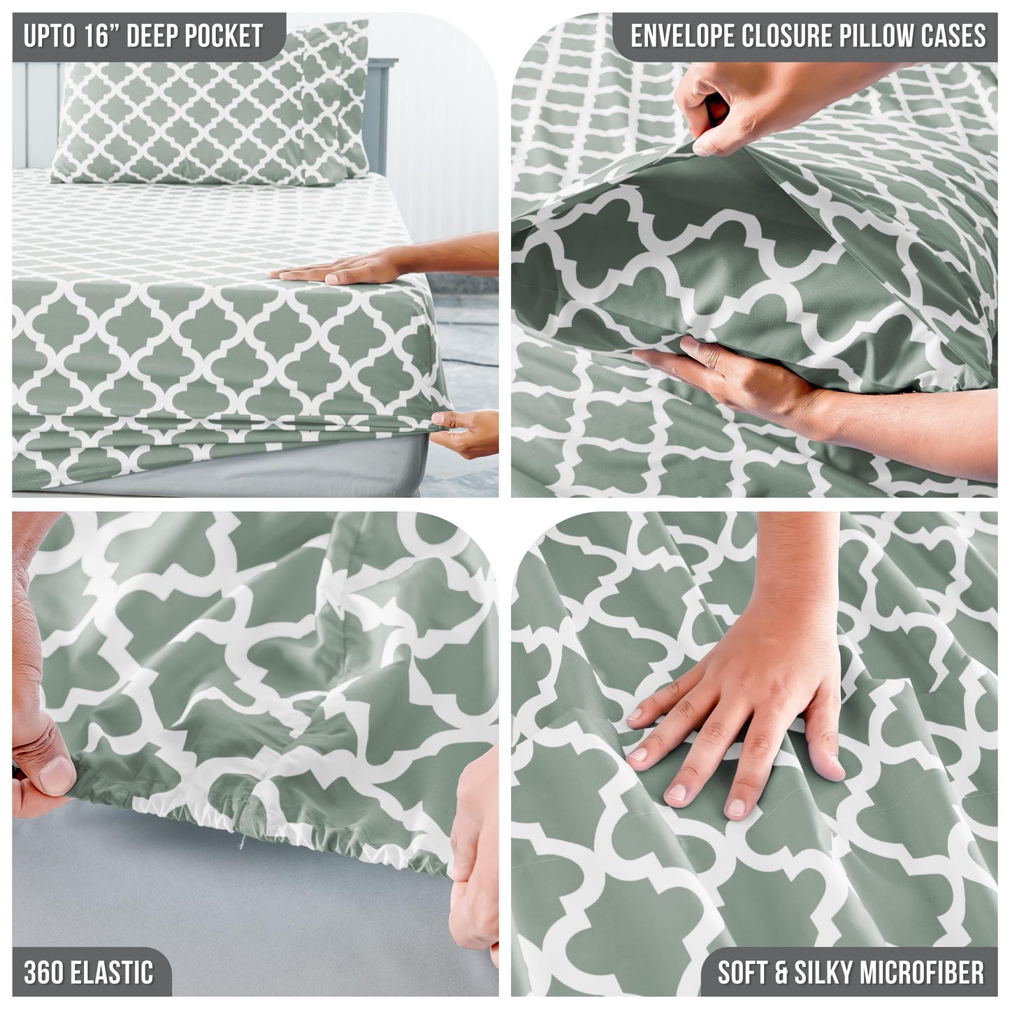 LUX Décor Quatrefoil Twin Sheet Set - 3 Piece Ultra-Soft Microfiber Bed Sheets with Flat Sheet, 16 Inches Deep Pocket Fitted Sheet & Pillowcases, Breathable, Bedroom Decor, Oeko-TEX - Grey White
