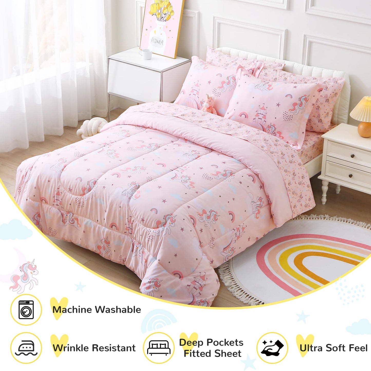 Viviland Kids Twin Bedding Sets for Girls, Soft Twin Comforter Set with Sheets, 5 Pieces Microfiber Bed in a Bag, Pink Unicorn