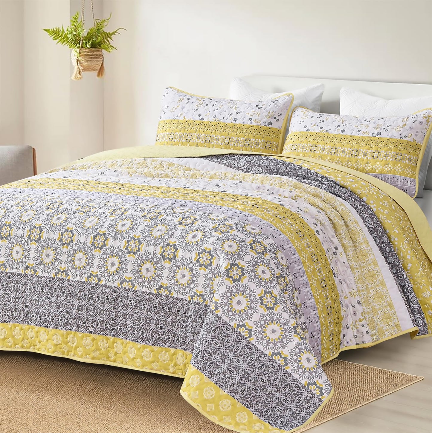 WONGS BEDDING Boho Quilt Set Queen, Yellow Bohemian Striped Patchwork Bedspread Coverlet Set with 2 Pillowcases, Microfiber Floral Bedding Set 96''×90''