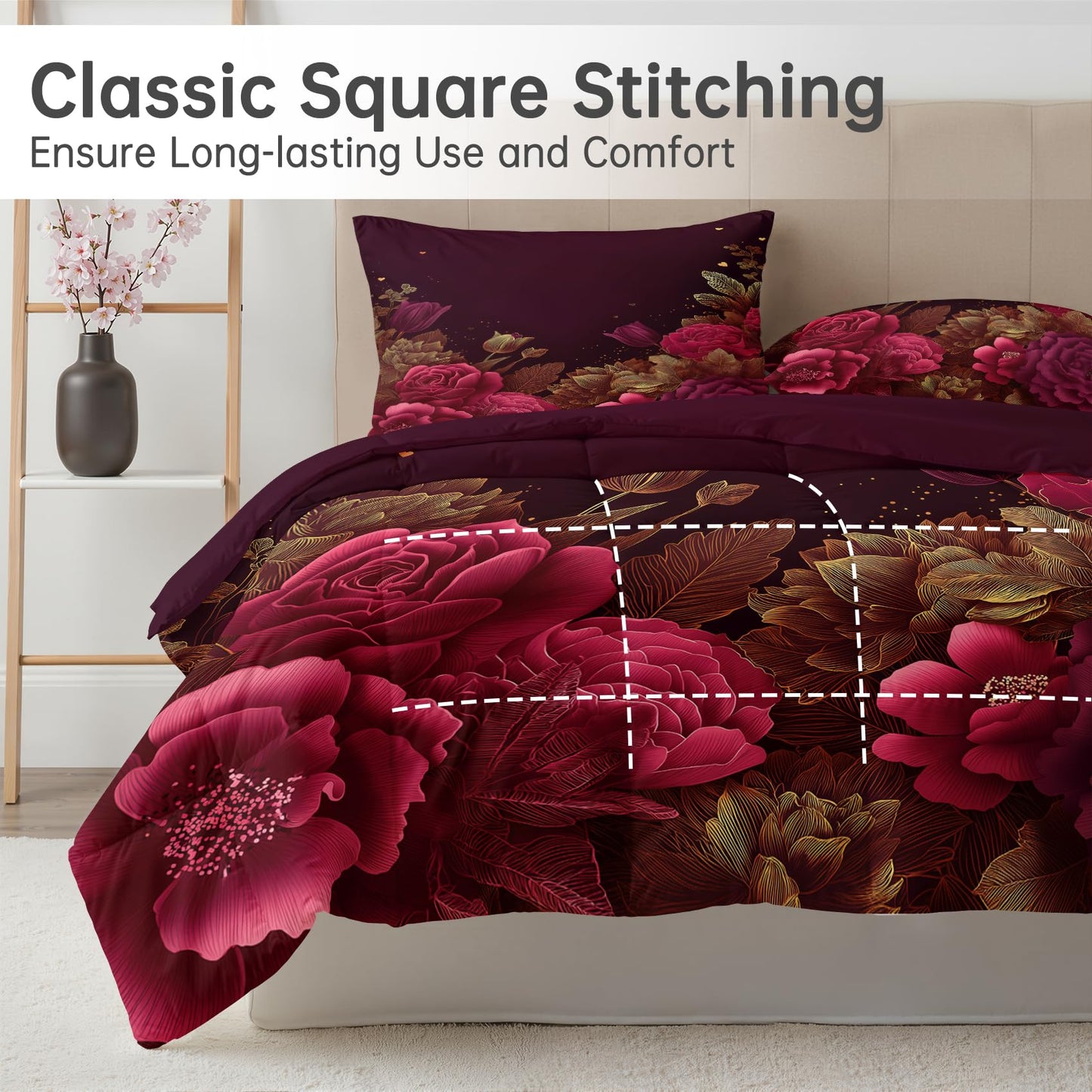 Valentines Day Comforter Set Twin Size 2 Pcs - All Season Duvet Insert & Pillowcase, Red and Gold Floral Bedding Set, Soft Lightweight Down Alternative Comforter, Girls Burgundy Bedroom Decor