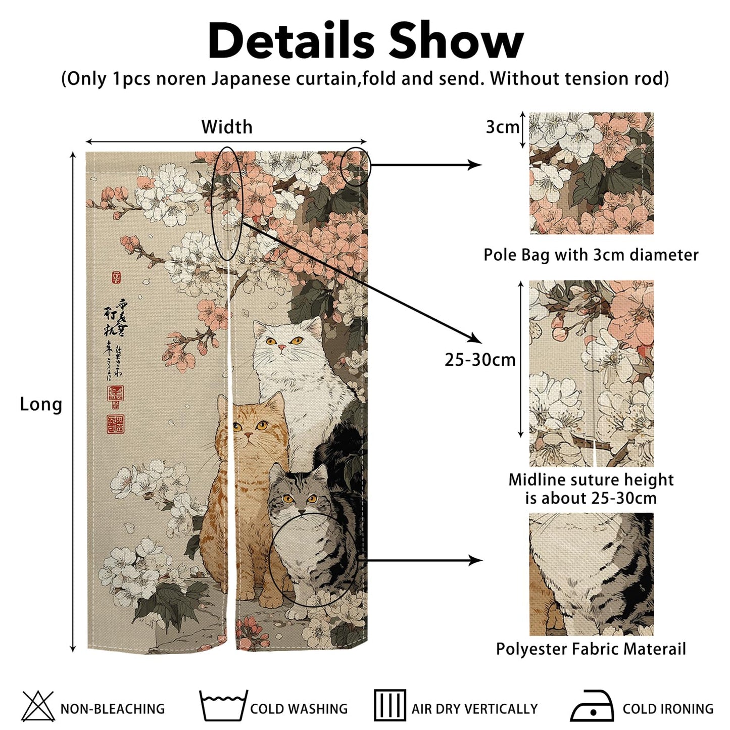 Leowefowa Noren Japanese Doorway Curtain Cat with Cherry Blossom Traditional Chinese Printed Door Curtains Retro Floral Animal Window Treatment Panel for Room Divider Home Kitchen Decor, 33.5x59inch
