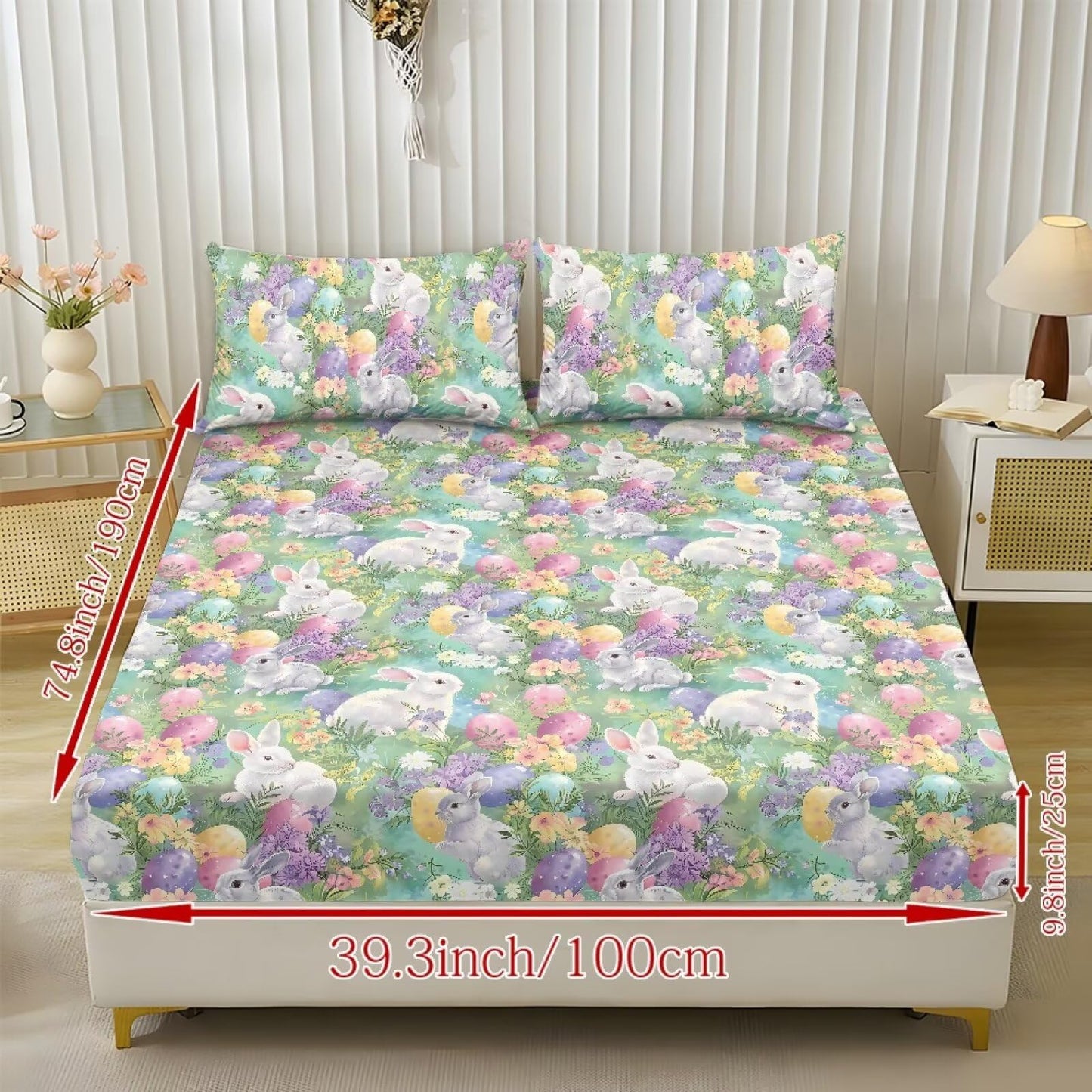 ZDCUSTOM 3pcs Easter Bunny Sheet Set Twin XL Size Cozy Fade Resistant Bedding Sheet Set Fresh Cute Bedsheet with All Around Elastic Home Decor for Twin XL Size Bed, 39" x 79"