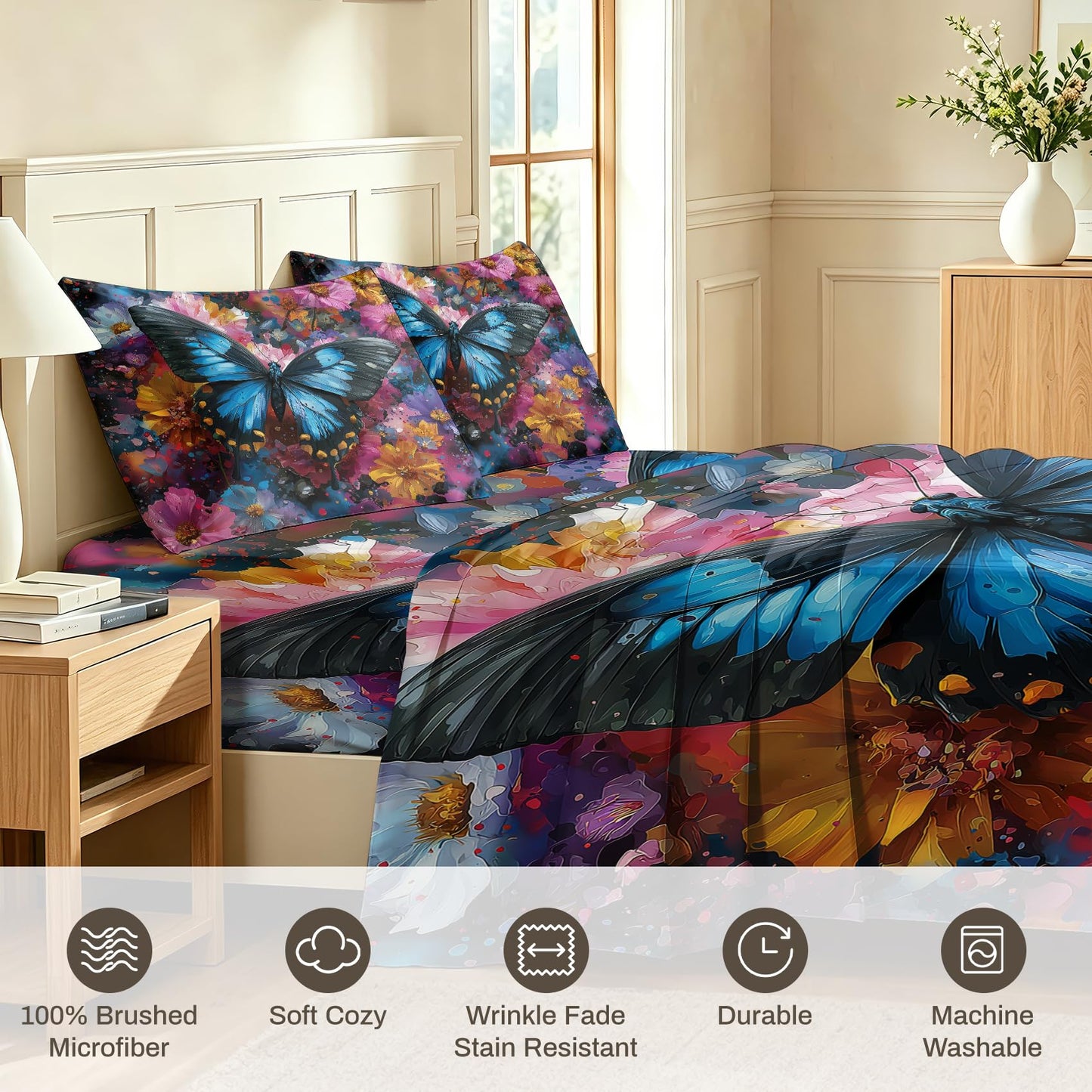 Blue Butterfly Queen Sheet Set Girls Floral Flat Fitted Sheet Sets